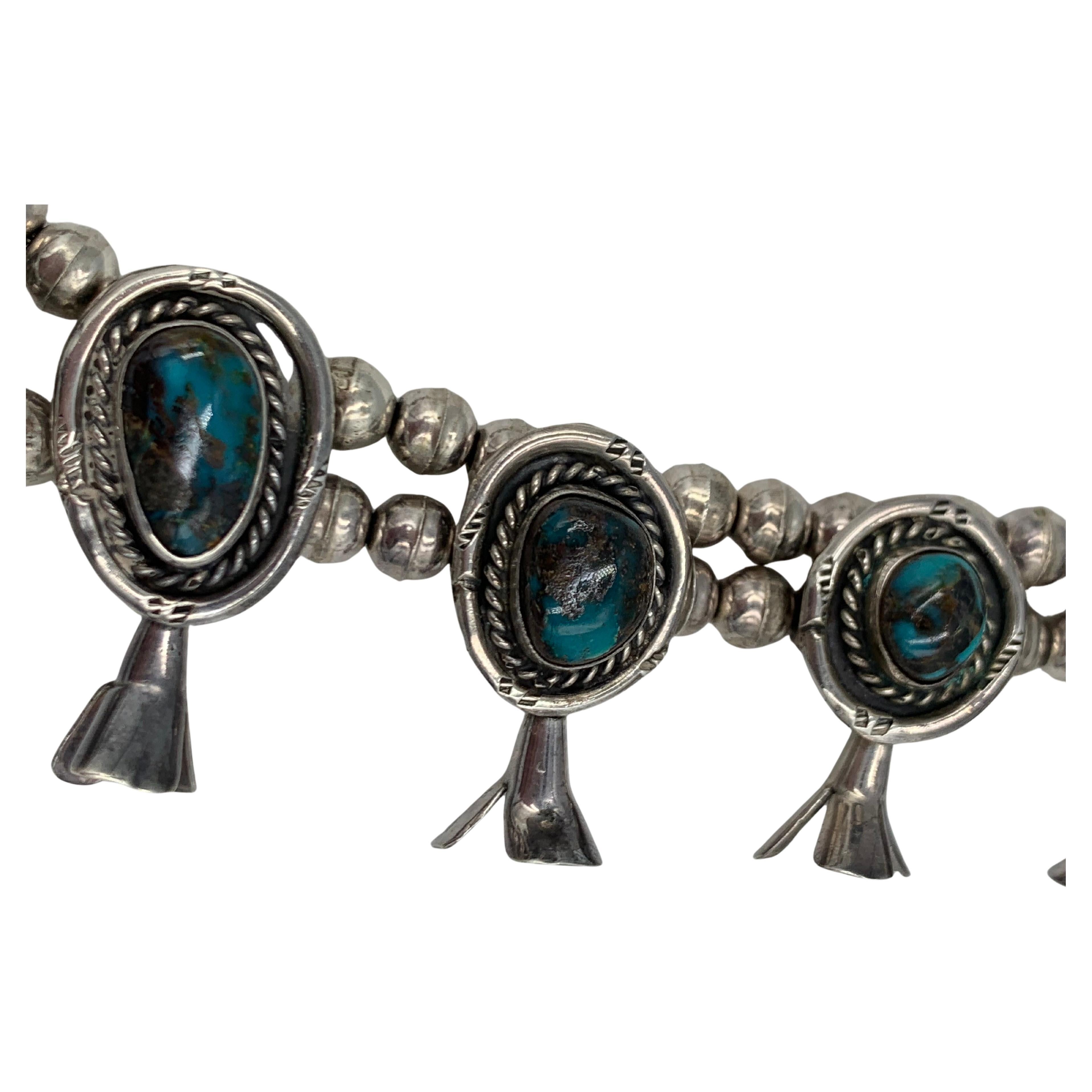 Sterling Silver Handmade Vintage Bisbee Turquoise Squash Blossom Necklace For Sale 1