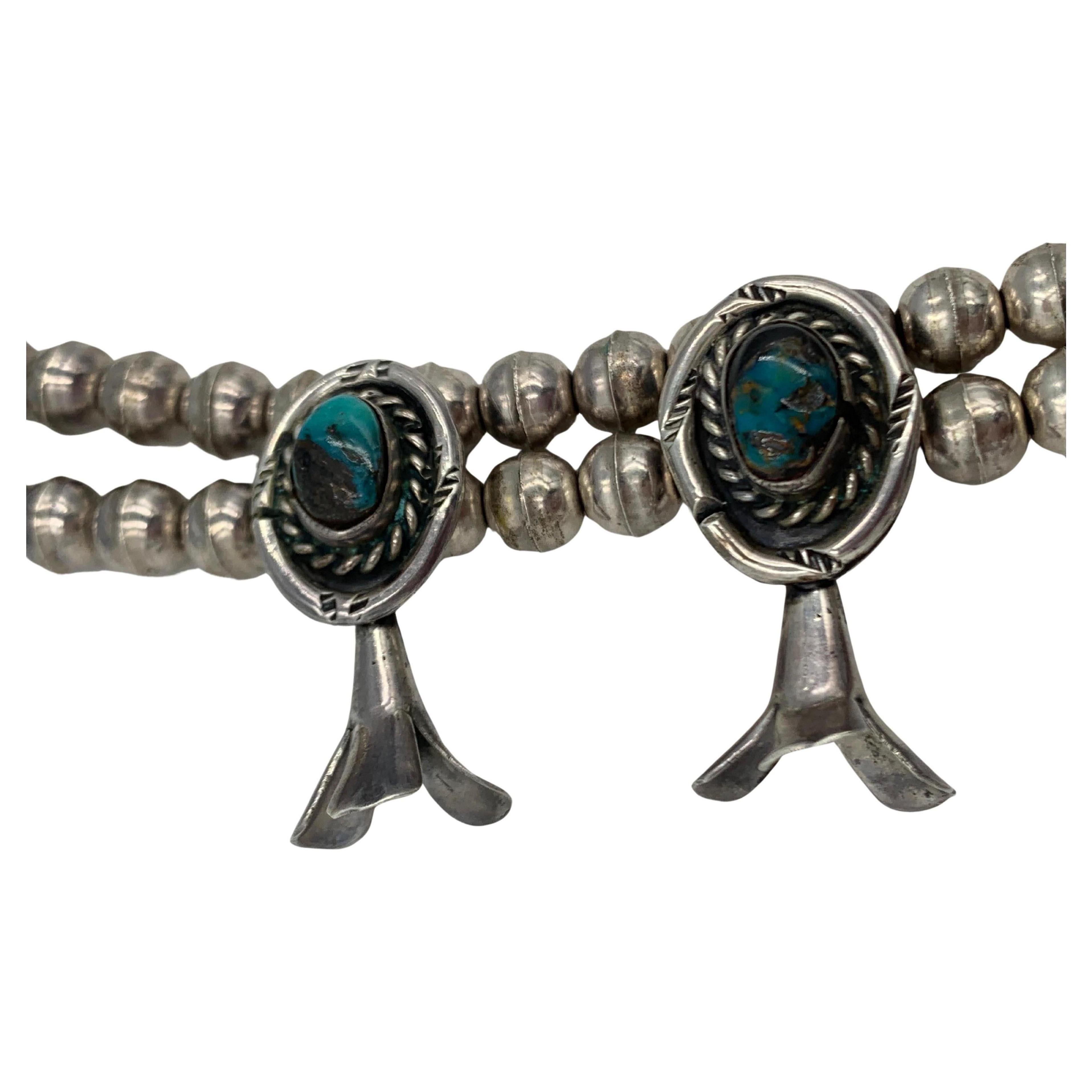 Sterling Silver Handmade Vintage Bisbee Turquoise Squash Blossom Necklace For Sale 2