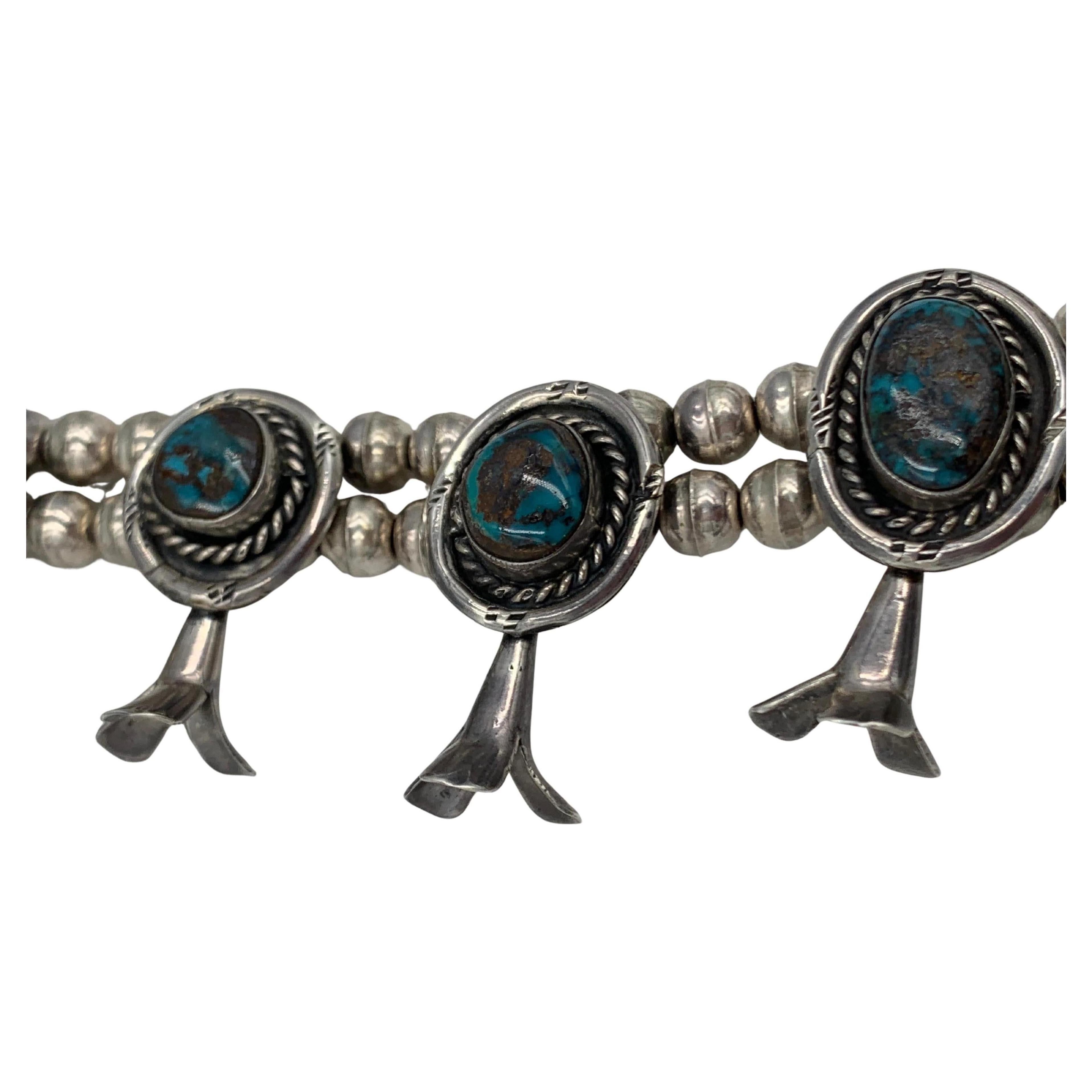 Sterling Silver Handmade Vintage Bisbee Turquoise Squash Blossom Necklace For Sale 3