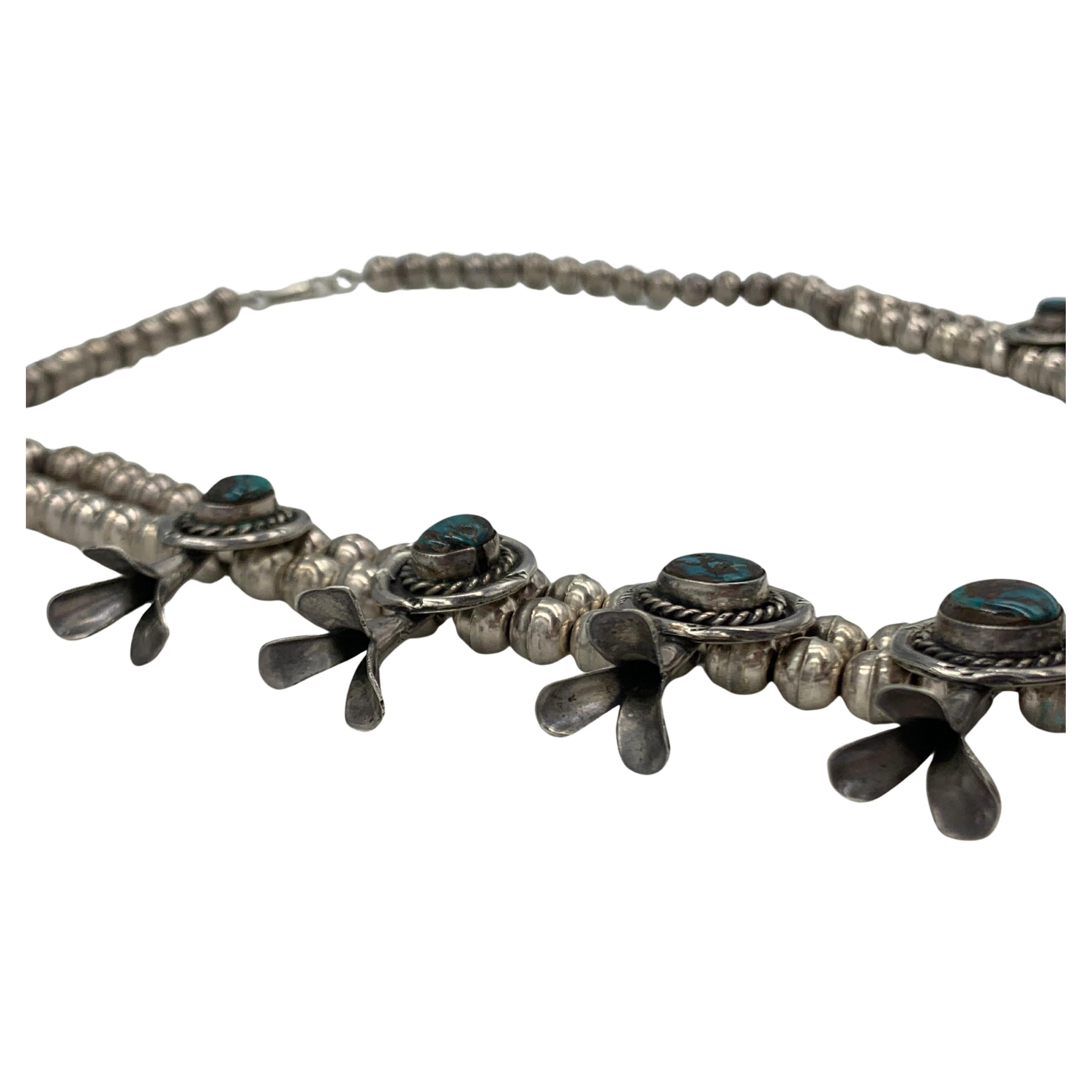 Sterling Silver Handmade Vintage Bisbee Turquoise Squash Blossom Necklace For Sale 4