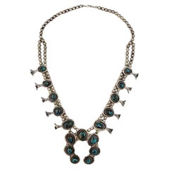 Sterling Silver Handmade Antique Bisbee Turquoise Squash Blossom Necklace