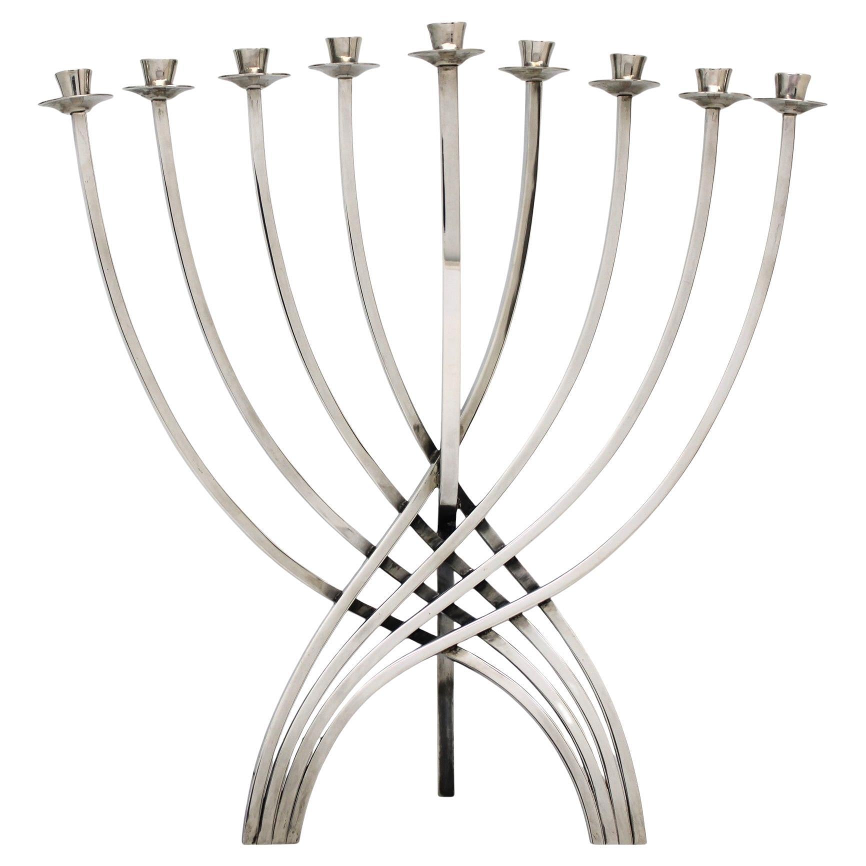 Menorah de Hanukkah de plata de ley de Ludwig Yehuda Wolpert, Nueva York Circa 1970