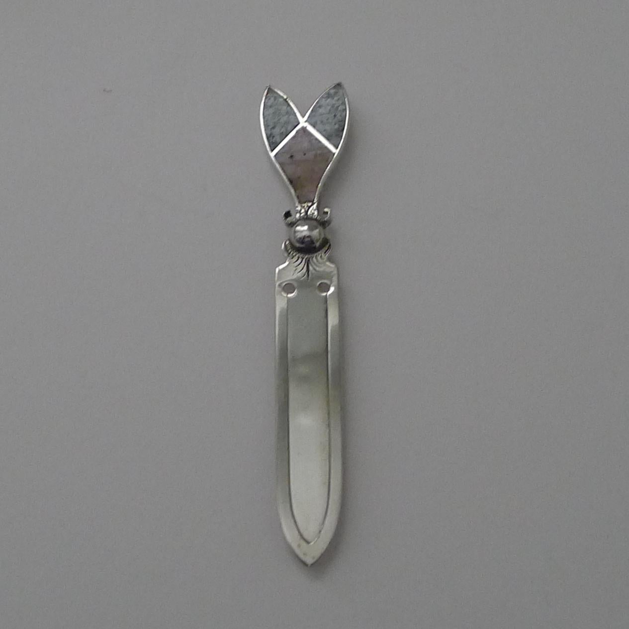 Sterling Silver & Hardstone Bookmark by Joseph Cook & Son Ltd.  In Good Condition For Sale In Bath, GB