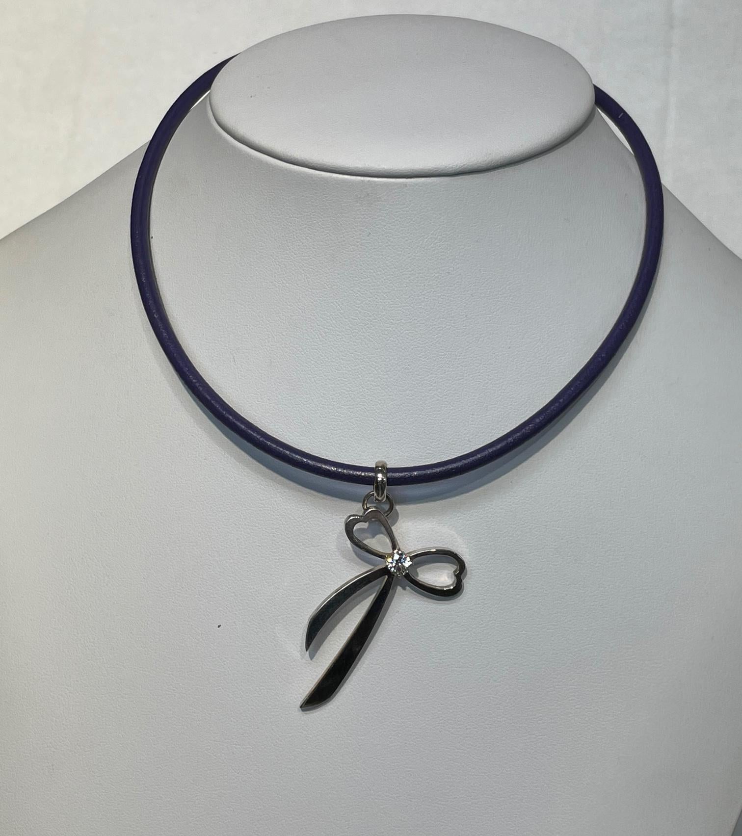 Modern Heart Note Sterling Silver Pendant on Purple Leather Cord Necklace For Sale