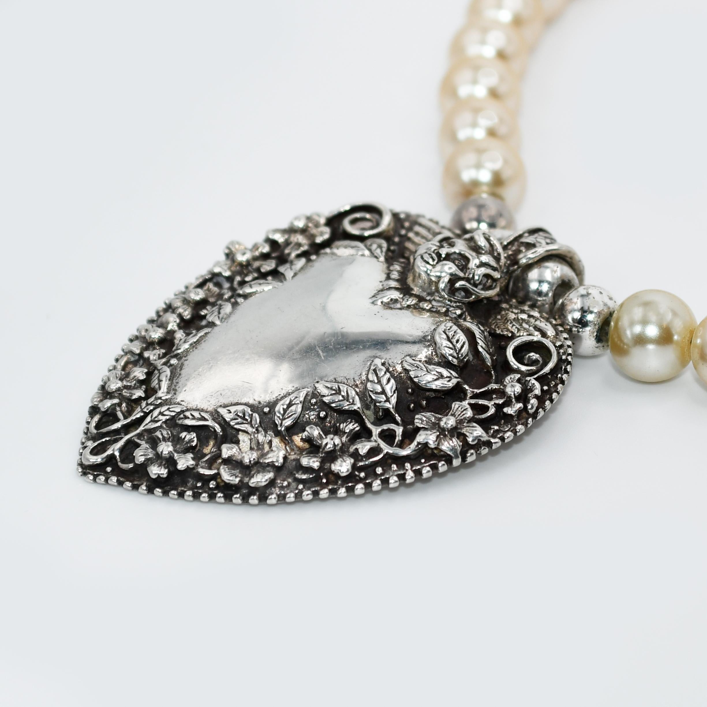 Sterling Silver Heart Pendant, Faux Pearl Necklace, 158g In Excellent Condition For Sale In Laguna Beach, CA