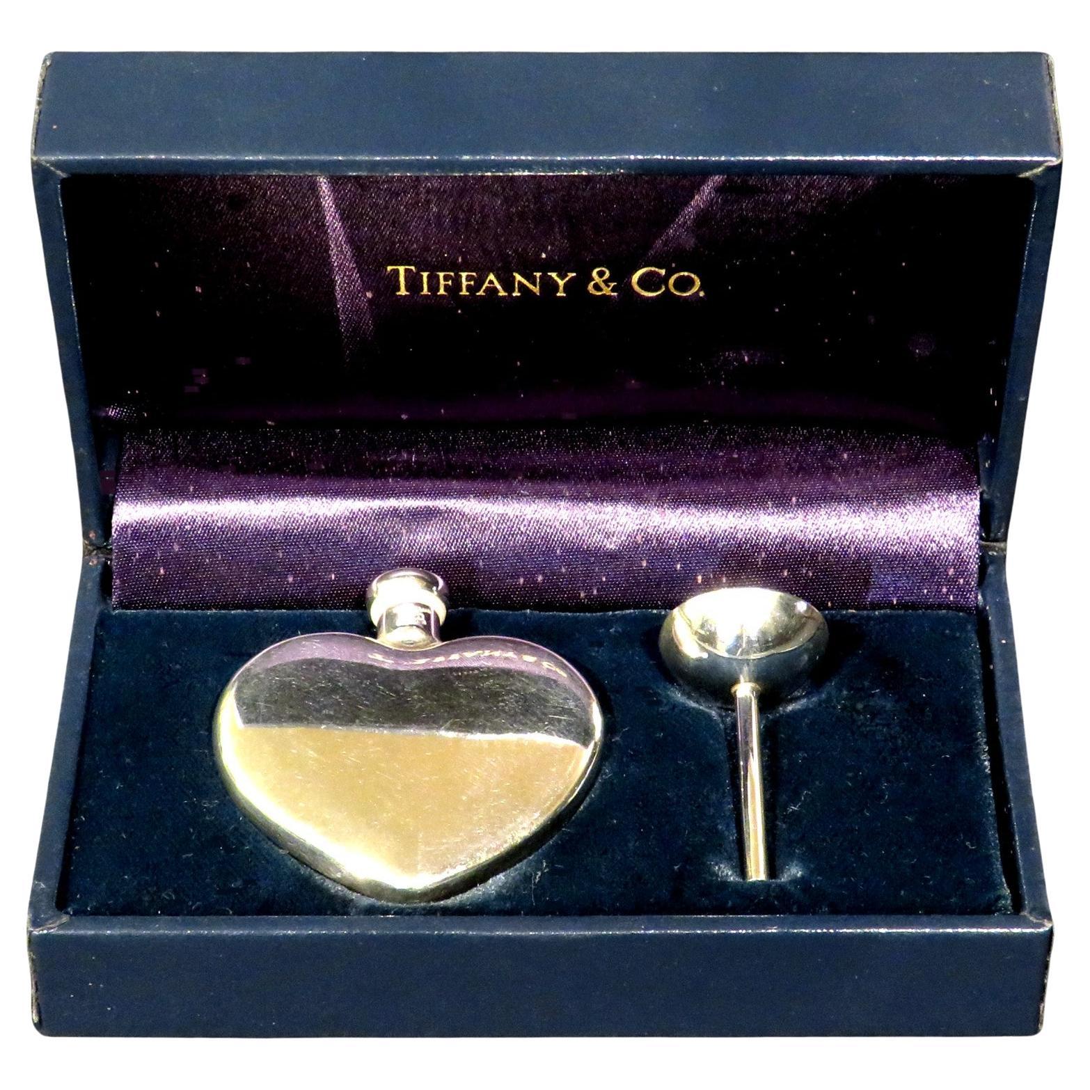 Sterling Silver Heart Shaped Perfume / Scent Bottle & Funnel by Tiffany & Co. For Sale