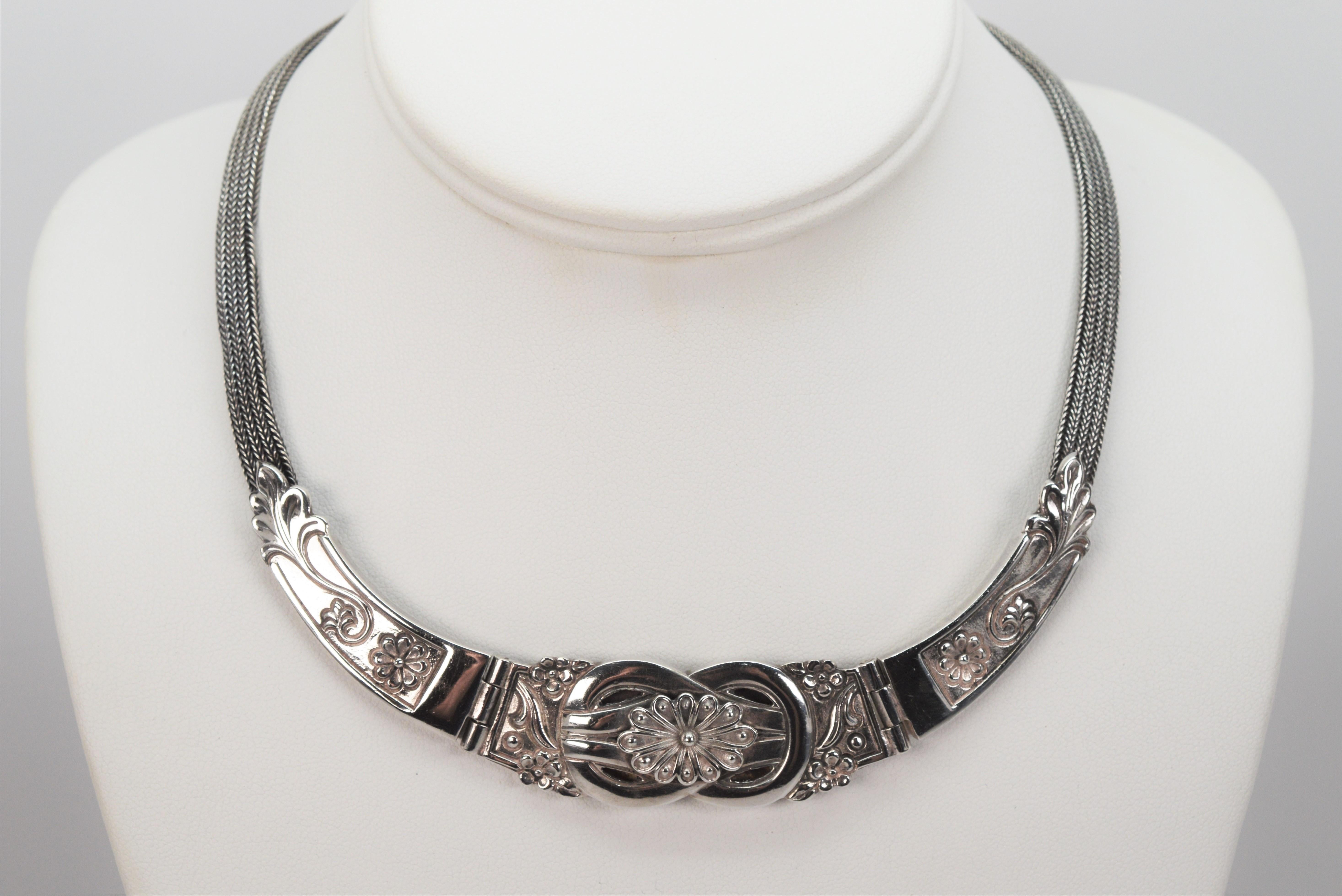 Sterling Silver Heirloom Floral Panel Collar Necklace In Good Condition In Mount Kisco, NY