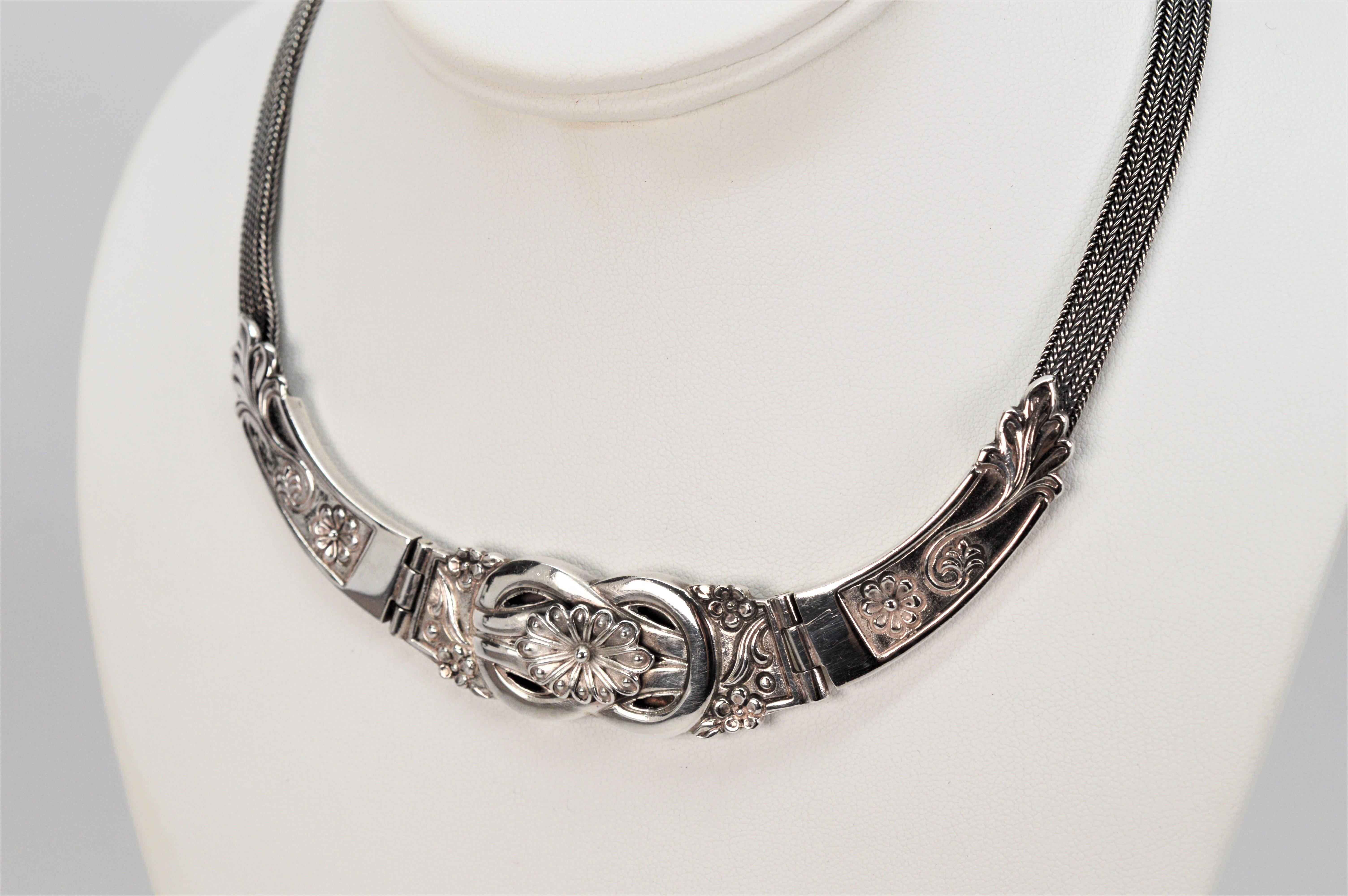 Women's Sterling Silver Heirloom Floral Panel Collar Necklace