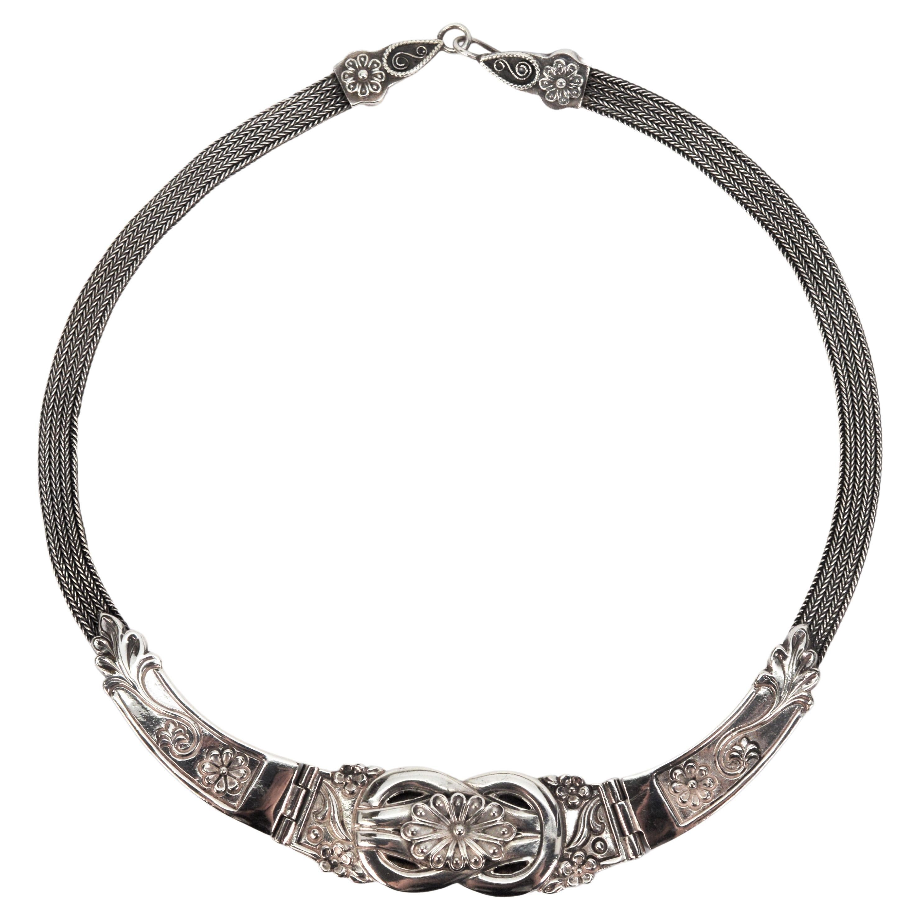 Sterling Silver Heirloom Floral Panel Collar Necklace