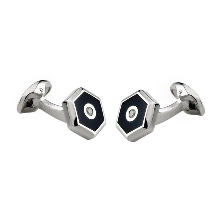 Sterling Silver Hexagonal Cufflinks with Onyx and Diamond For Sale