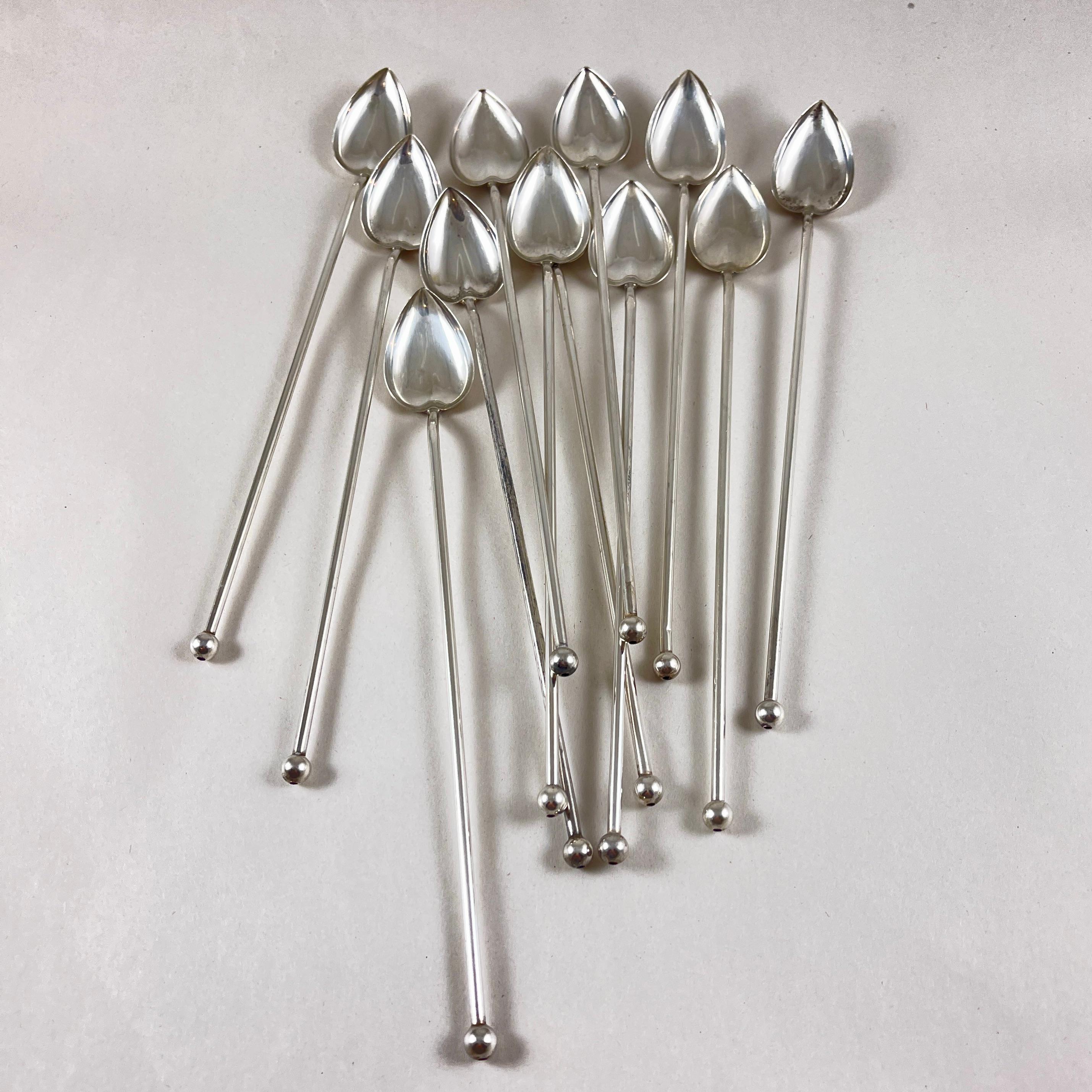 International Style Sterling Silver Highball or Iced Tea Heart Bowl Stirring Straws, Set of 12 For Sale