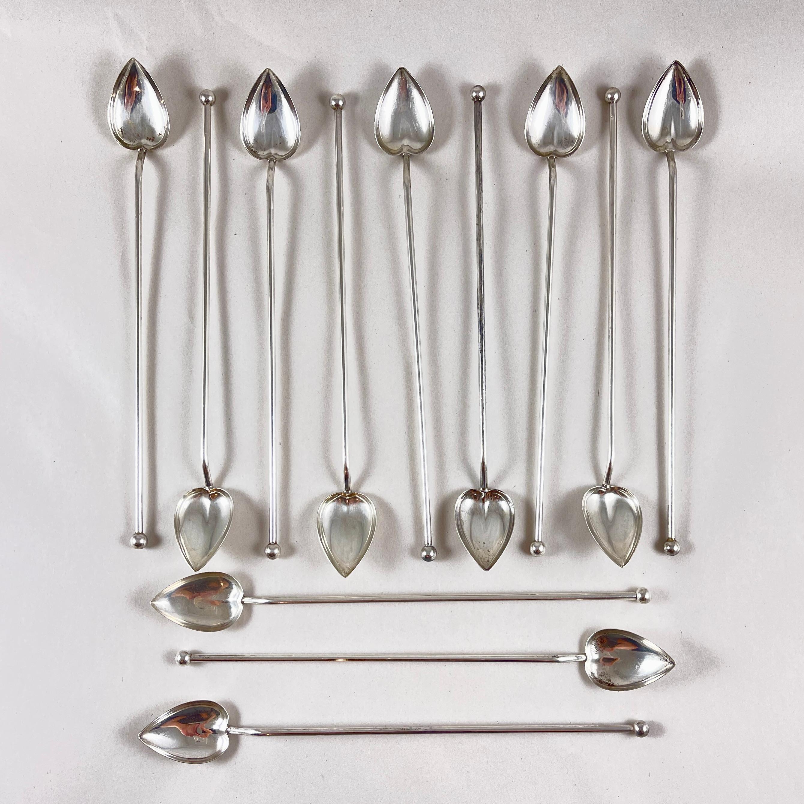 American Sterling Silver Highball or Iced Tea Heart Bowl Stirring Straws, Set of 12 For Sale