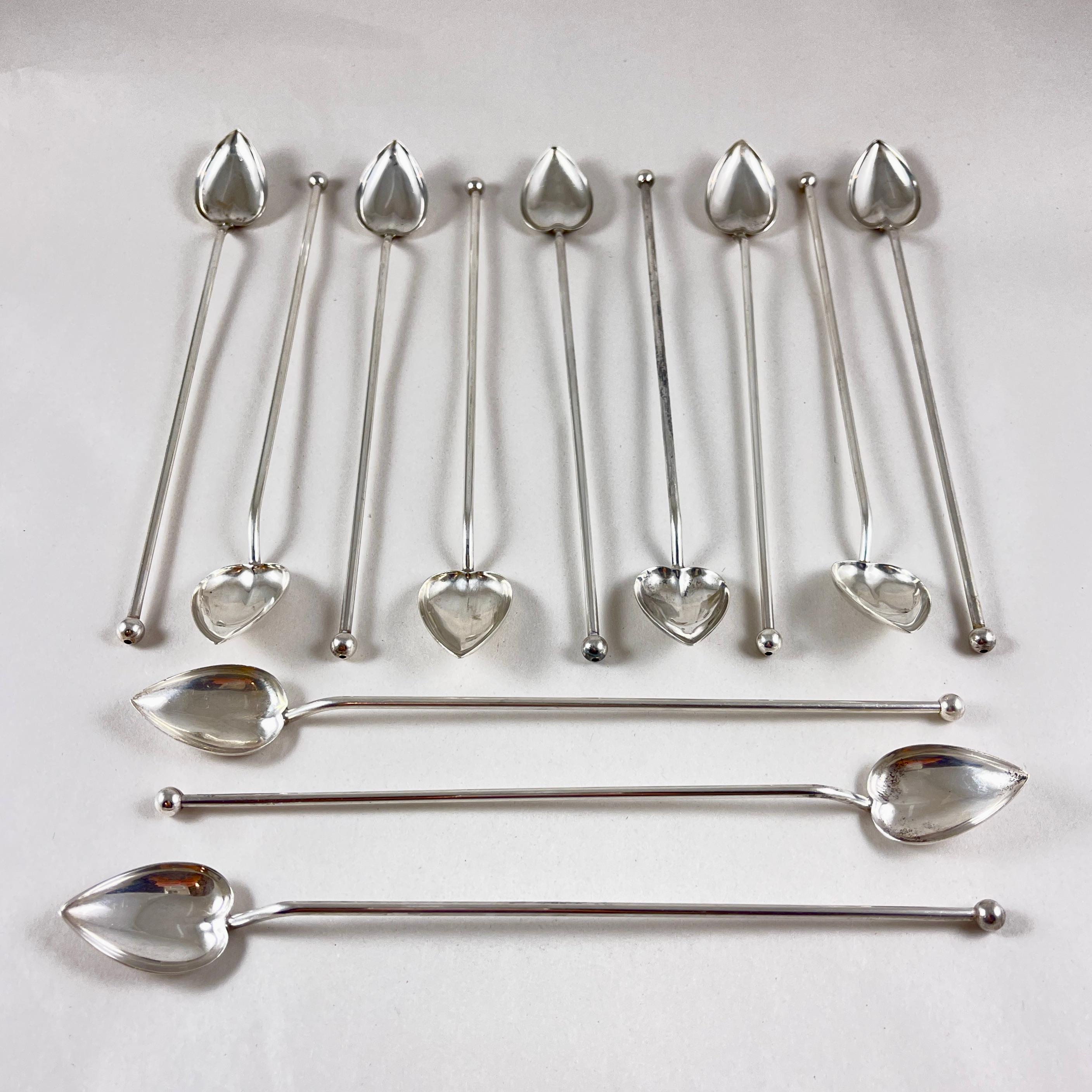 Metalwork Sterling Silver Highball or Iced Tea Heart Bowl Stirring Straws, Set of 12 For Sale