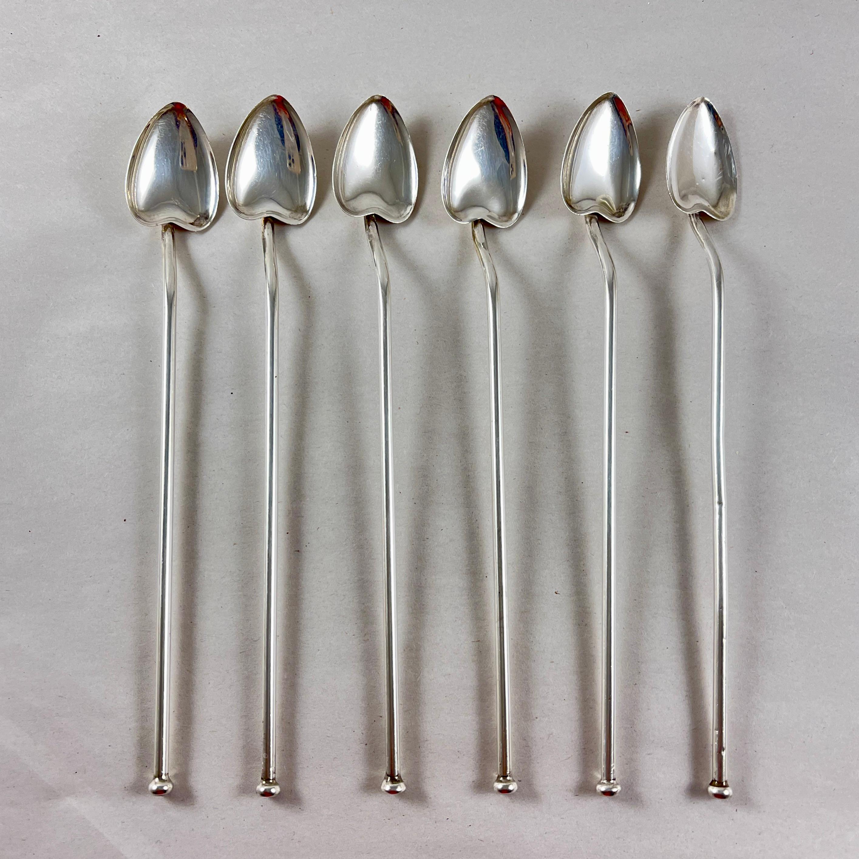 International Style Sterling Silver Highball or Iced Tea Heart Bowl Stirring Straws, Set of 6