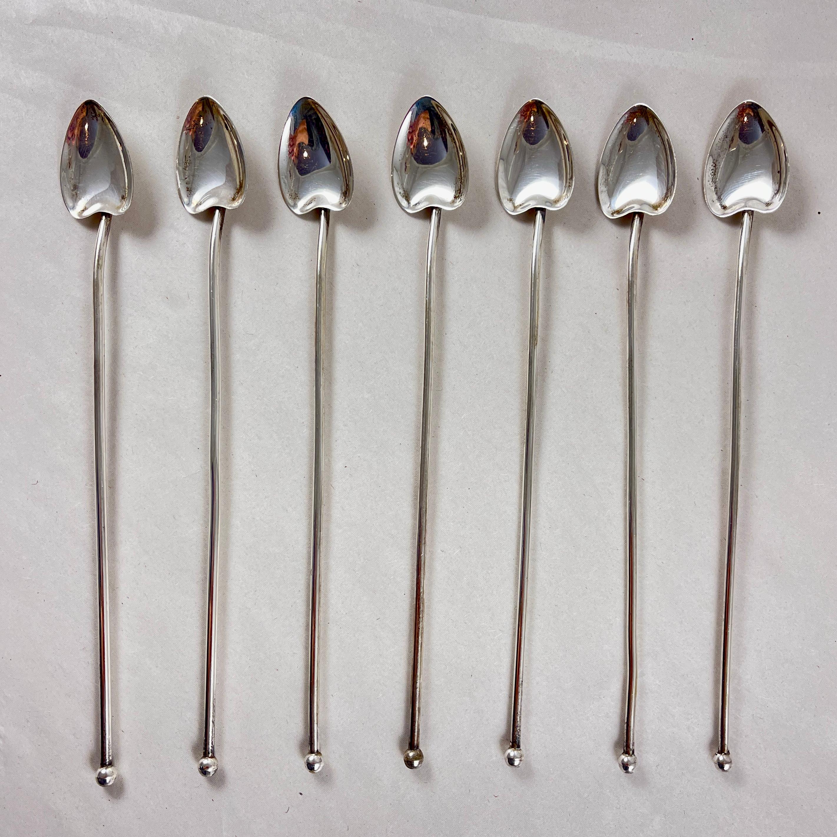 Art Deco Sterling Silver Highball or Iced Tea Heart Bowl Stirring Straws, Set of 7 For Sale
