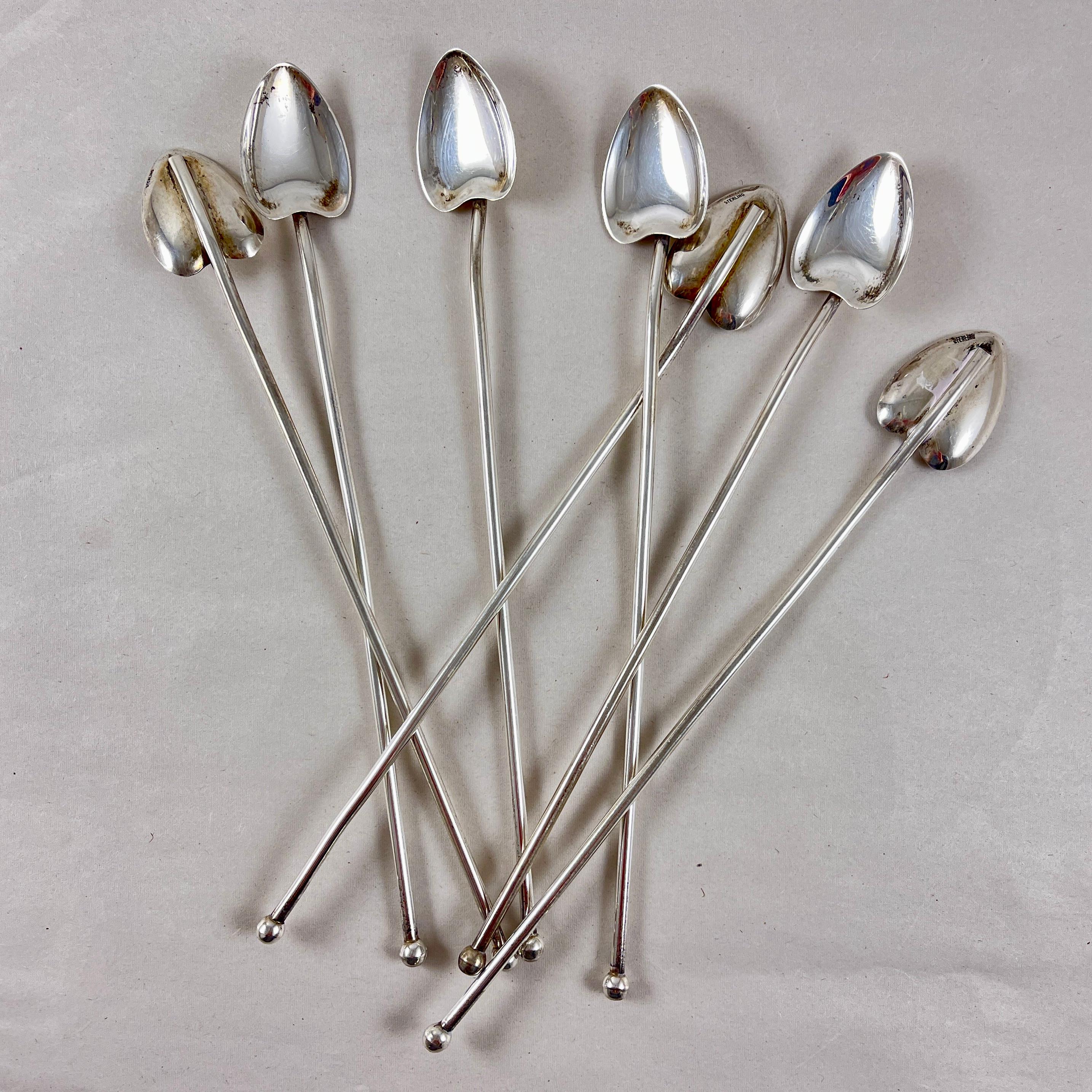 Metalwork Sterling Silver Highball or Iced Tea Heart Bowl Stirring Straws, Set of 7 For Sale