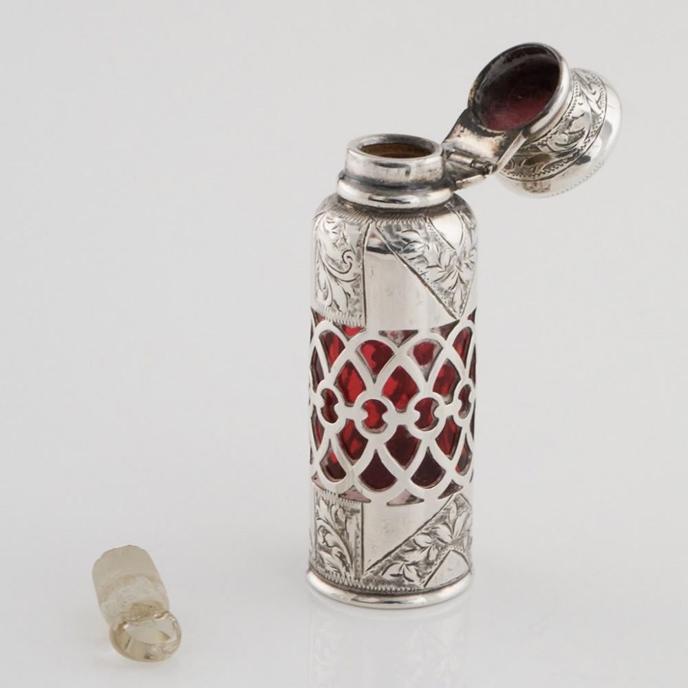 Edwardian Sterling Silver Hinged Top and Ruby Glass Perfume Bottle Birmingham 1903