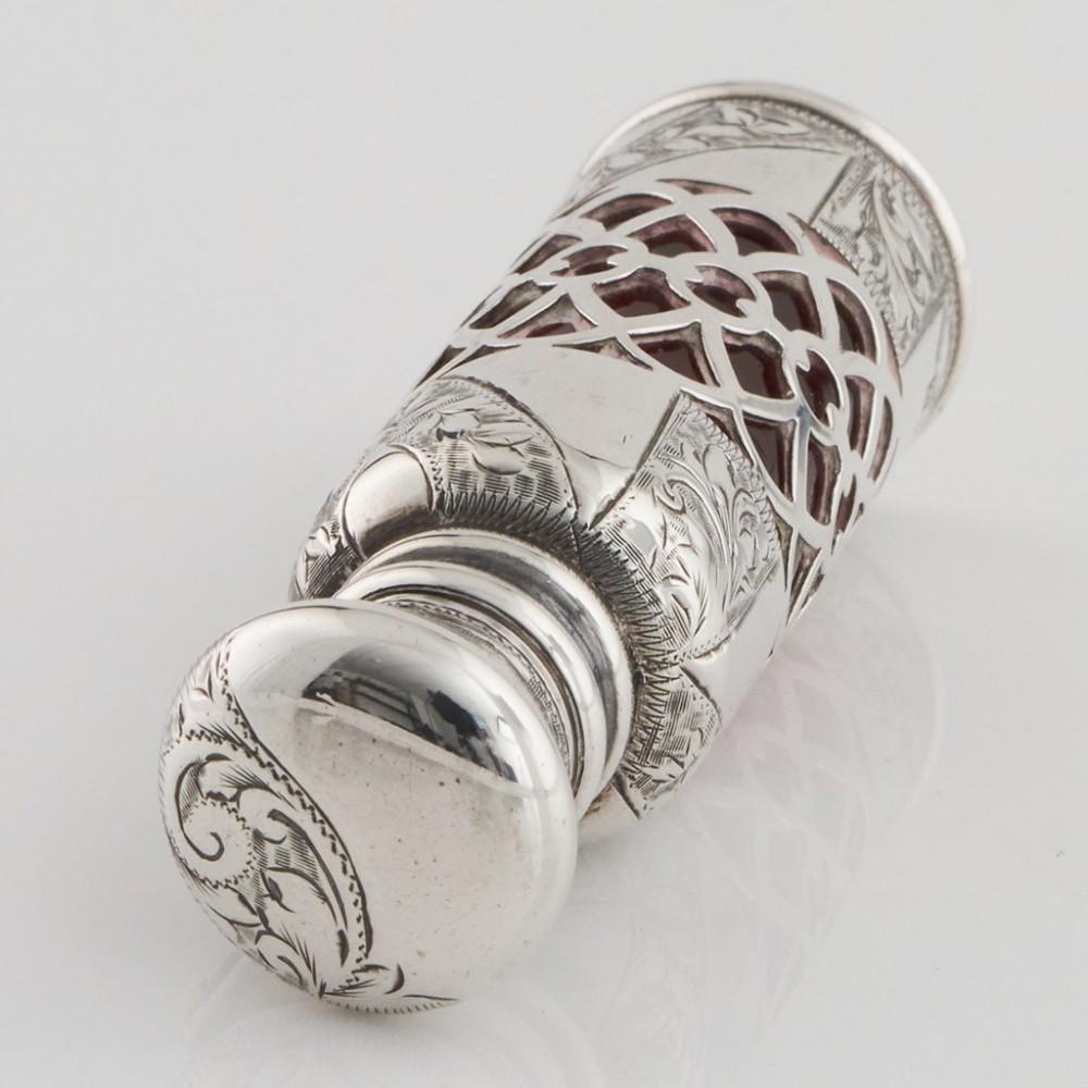 Early 20th Century Sterling Silver Hinged Top and Ruby Glass Perfume Bottle Birmingham 1903
