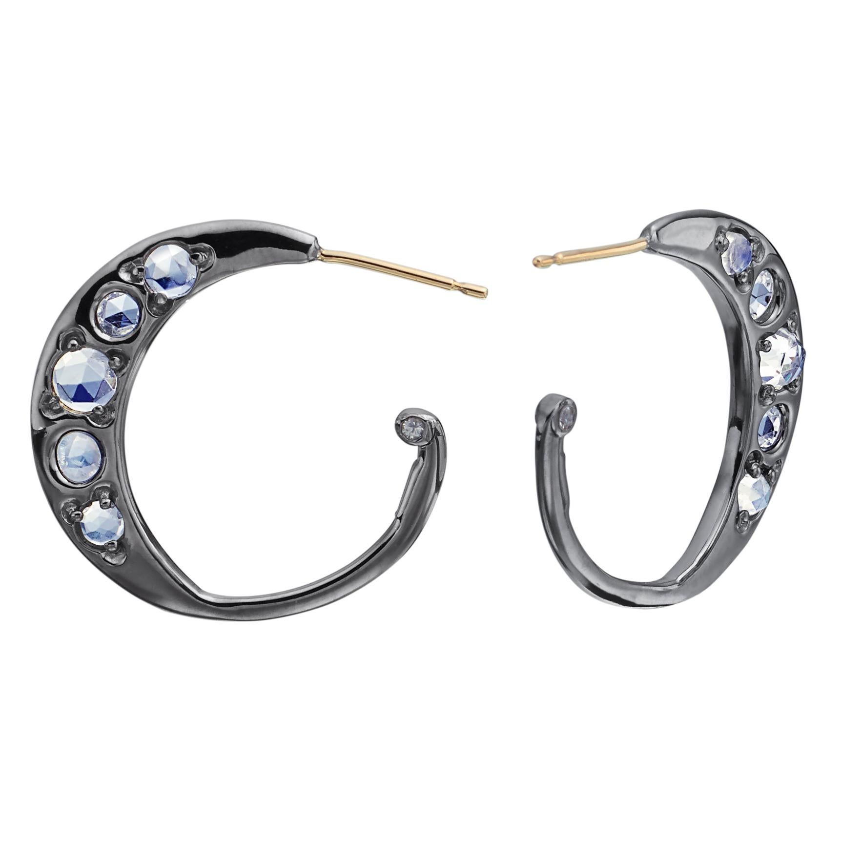 Sterling Silver Hoop Earrings w/ Rose Cut Moonstones w/ 14kt post Diamond accent In New Condition For Sale In Weehawken, NJ