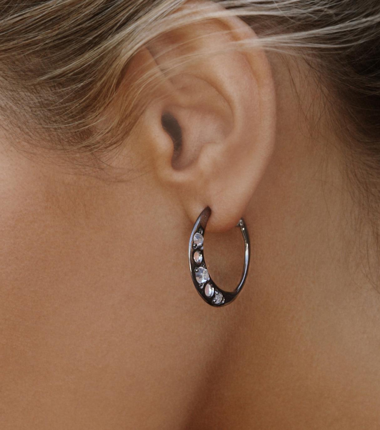 Women's Sterling Silver Hoop Earrings w/ Rose Cut Moonstones w/ 14kt post Diamond accent For Sale