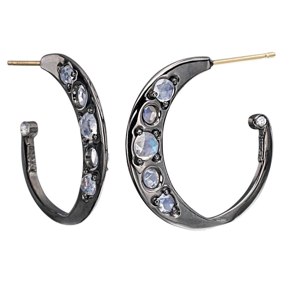 Sterling Silver Hoop Earrings w/ Rose Cut Moonstones w/ 14kt post Diamond accent For Sale