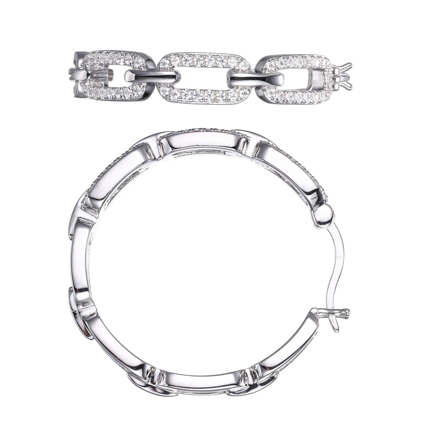 Sterling Silver Hoop Earrings with CZ links, Round 30mm, Snap Bar, Rhodium Finish