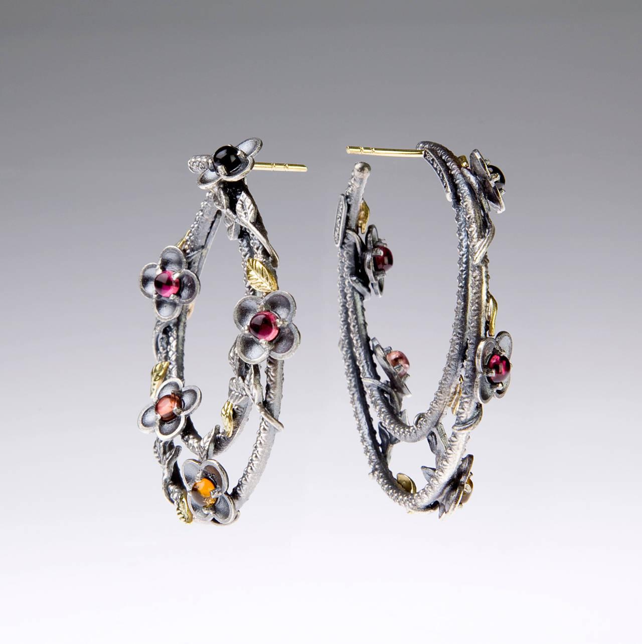 Sterling Silver Hoop Earrings with Gold and Tourmaline Stambolian In New Condition In Boca Raton, FL