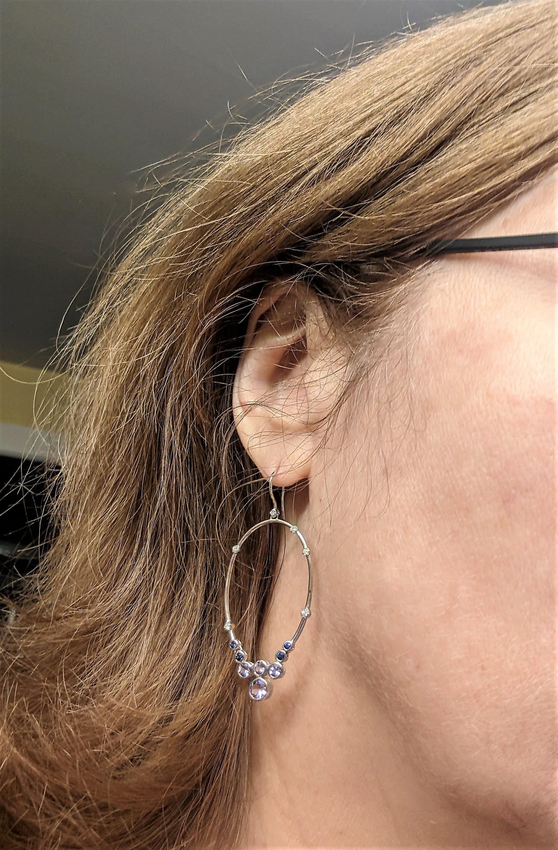 Contemporary Sterling Silver Hoop Earrings with Tanzanites, Sapphires, and Diamonds For Sale