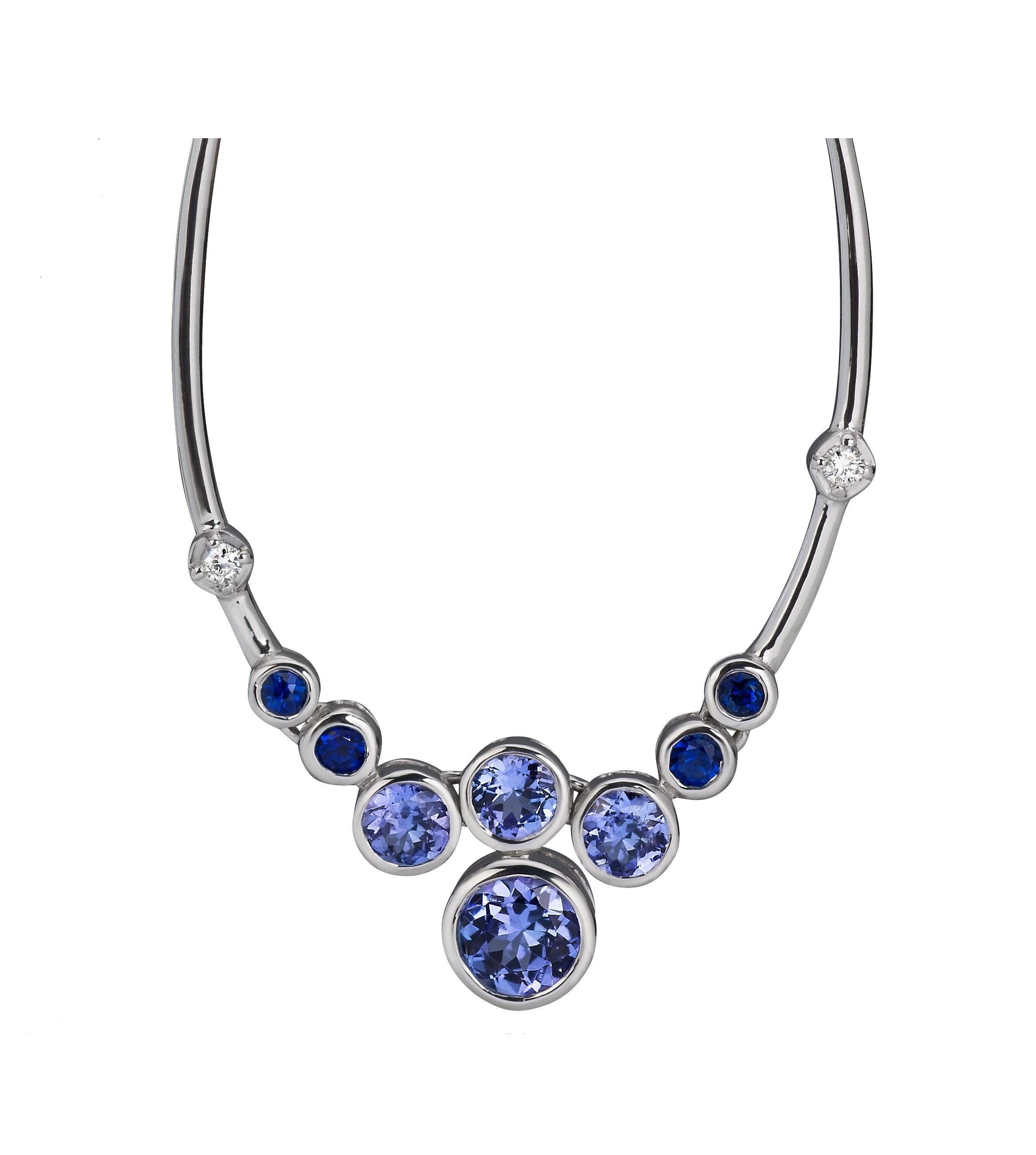 Round Cut Sterling Silver Hoop Earrings with Tanzanites, Sapphires, and Diamonds For Sale