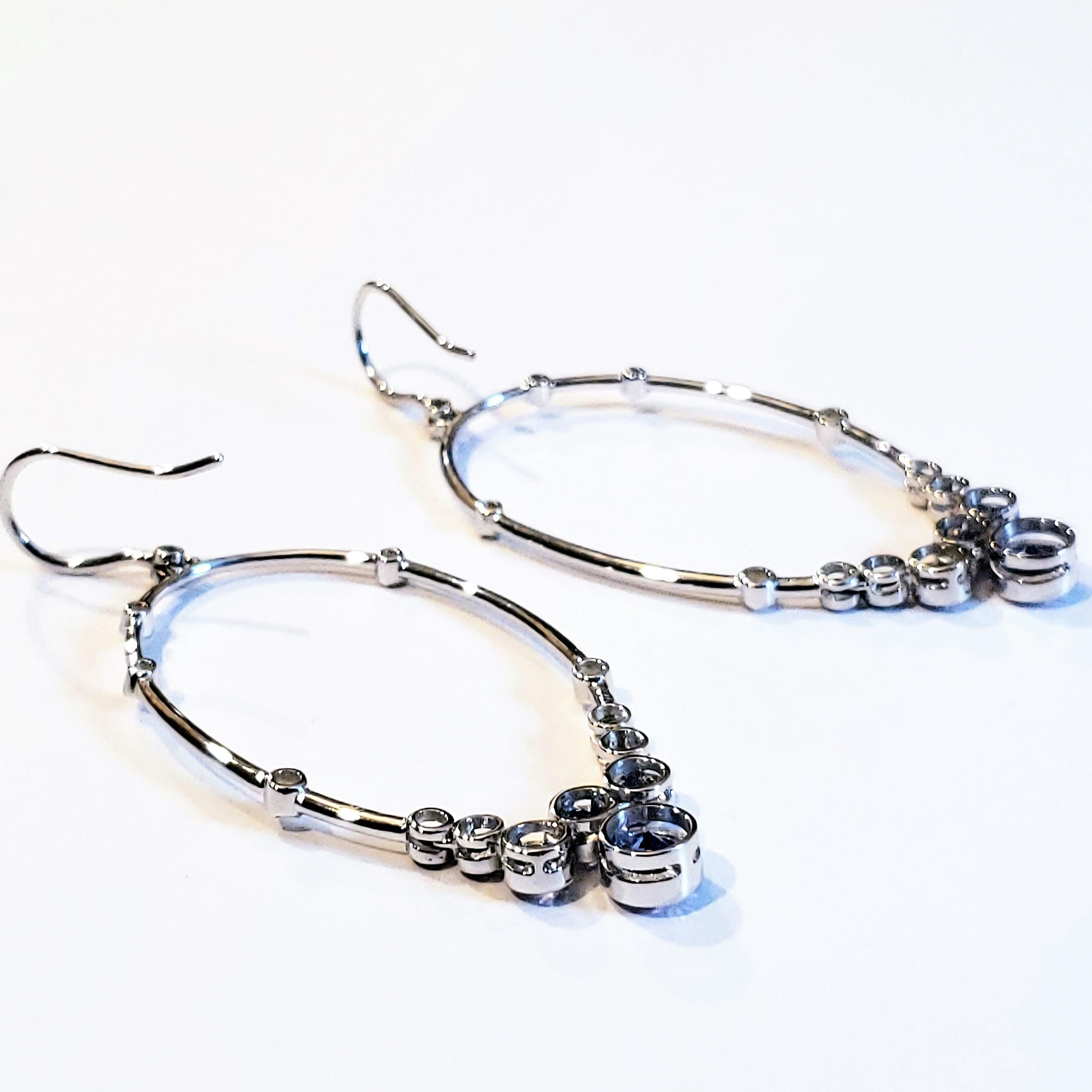 Women's Sterling Silver Hoop Earrings with Tanzanites, Sapphires, and Diamonds For Sale