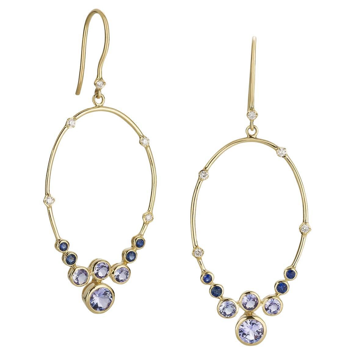 Sterling Silver Hoop Earrings with Tanzanites, Sapphires, and Diamonds For Sale