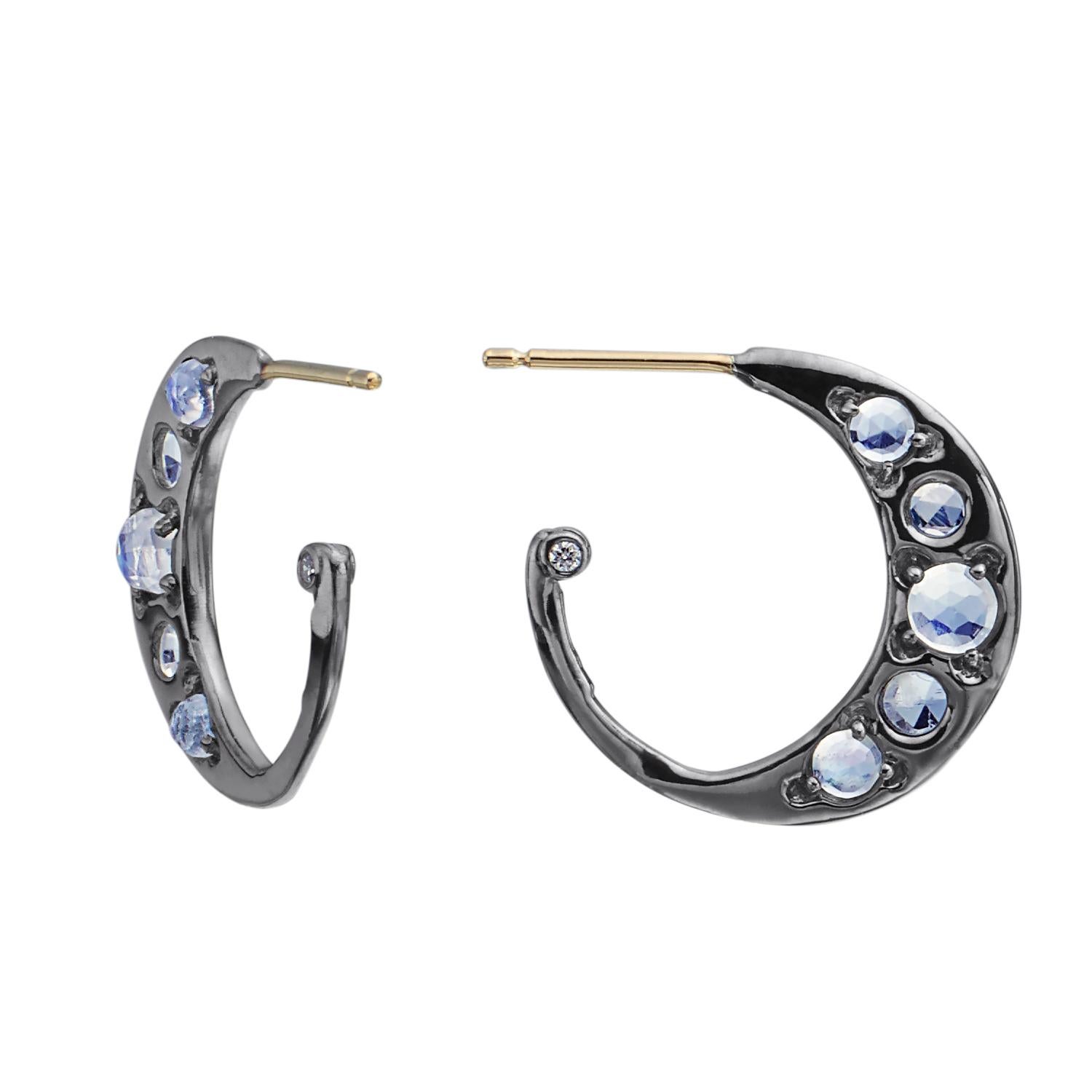 Women's or Men's Sterling Silver Hoop Smaller Earrings with Rose Cut Moonstone w/ 14kt post For Sale