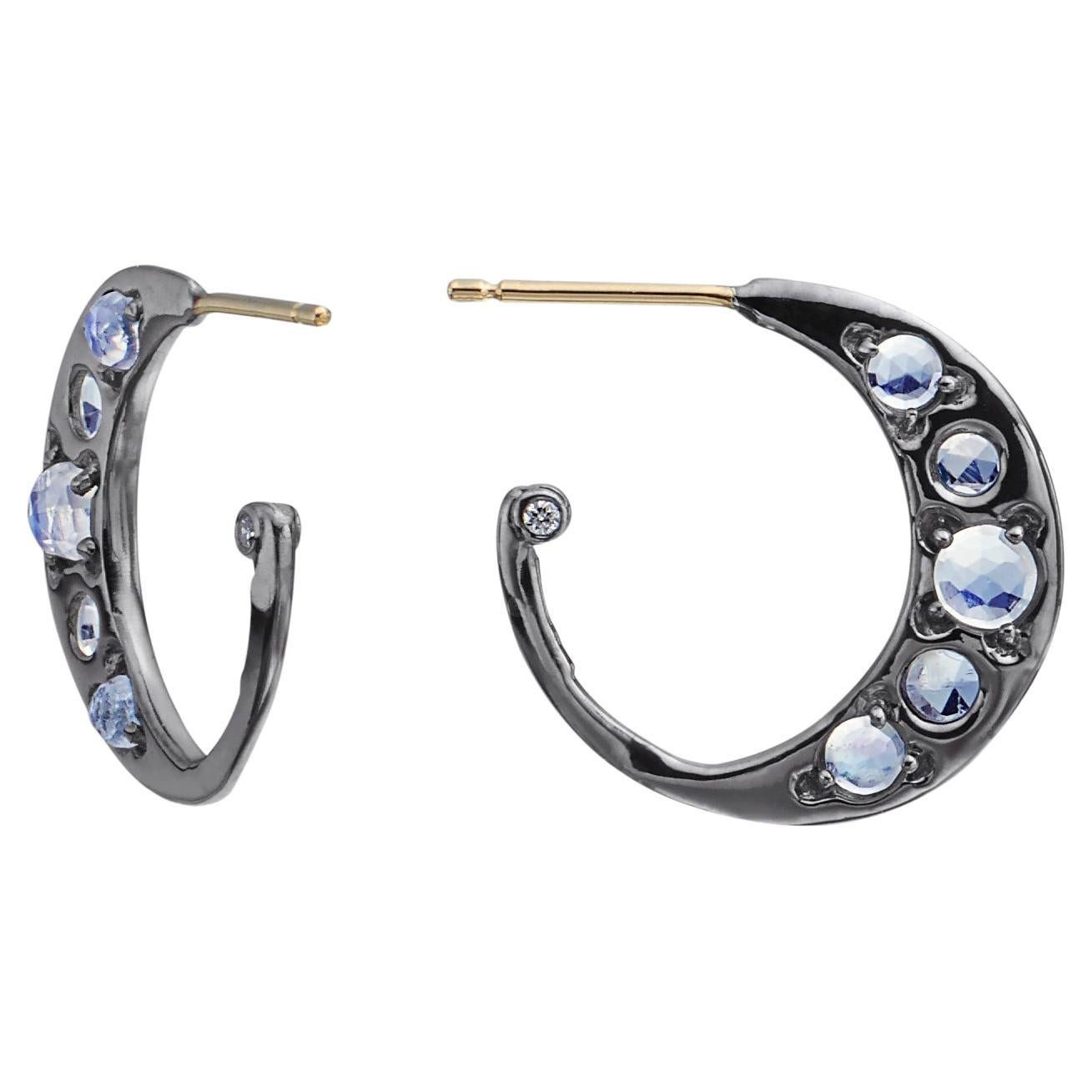 Sterling Silver Hoop Smaller Earrings with Rose Cut Moonstone w/ 14kt post