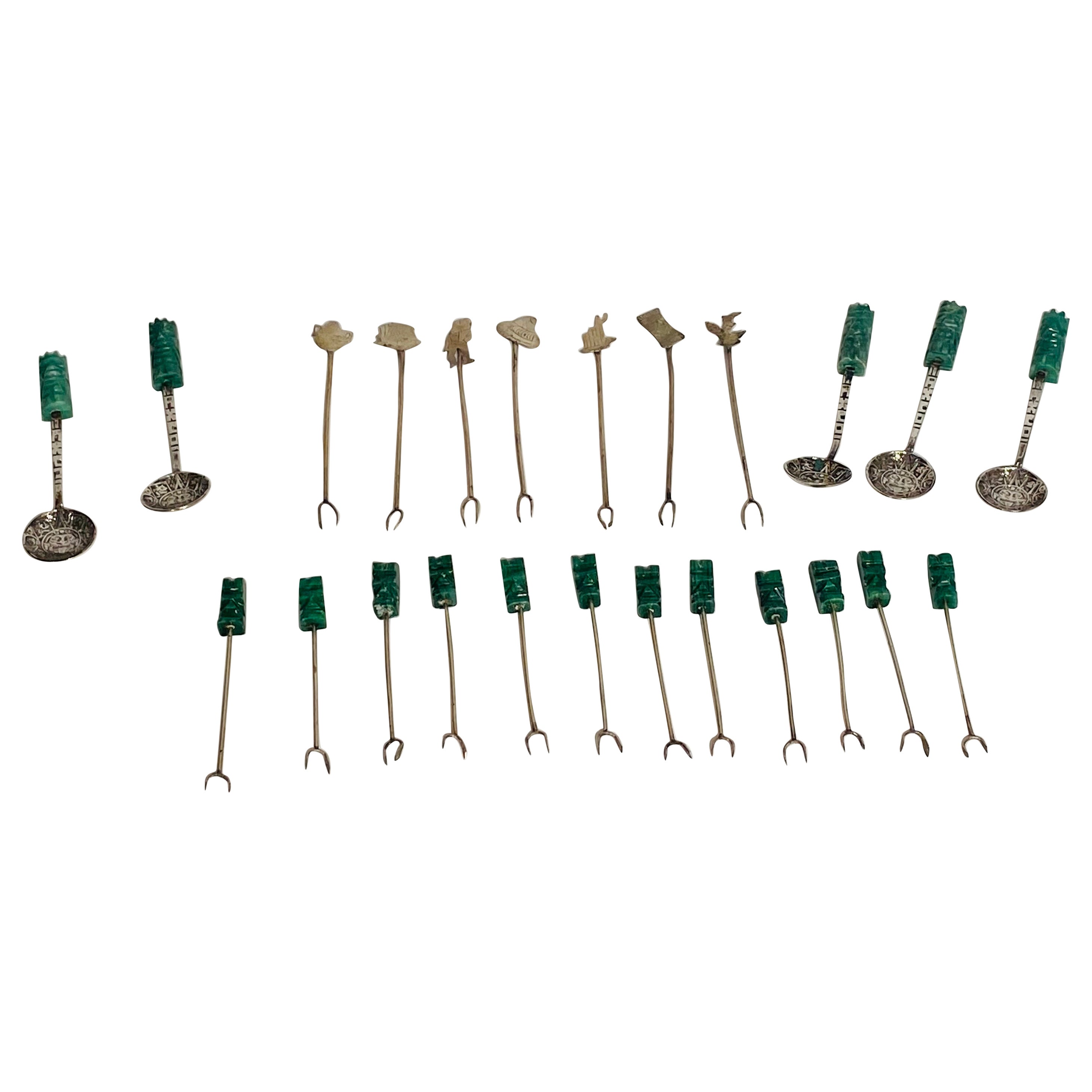 Sterling Silver Hors Oeuvres Set, Carved Green Stone Handles 24 Pieces