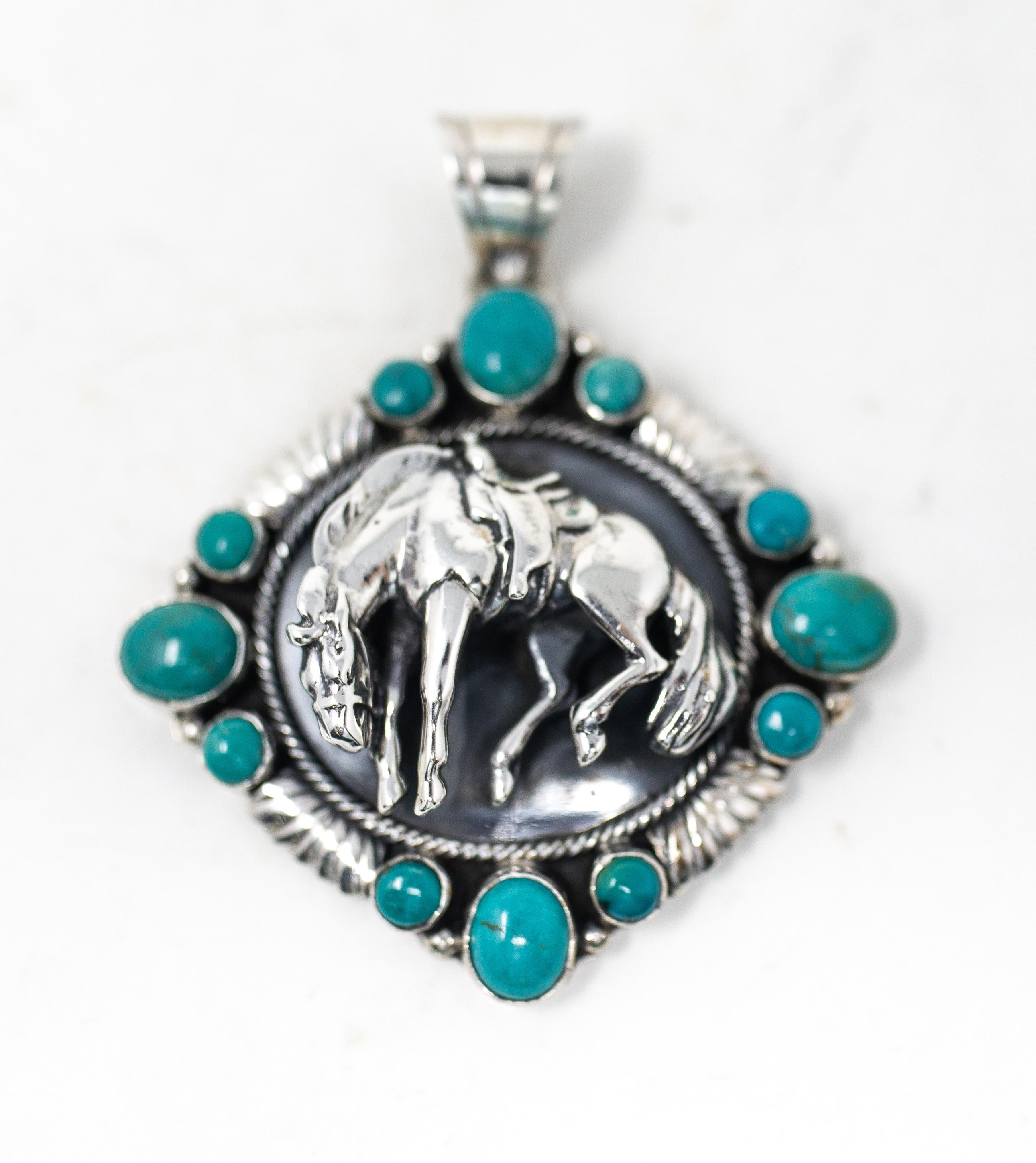 20th Century Sterling Silver Horse Pendant with Turquoise by Emer Thompson For Sale