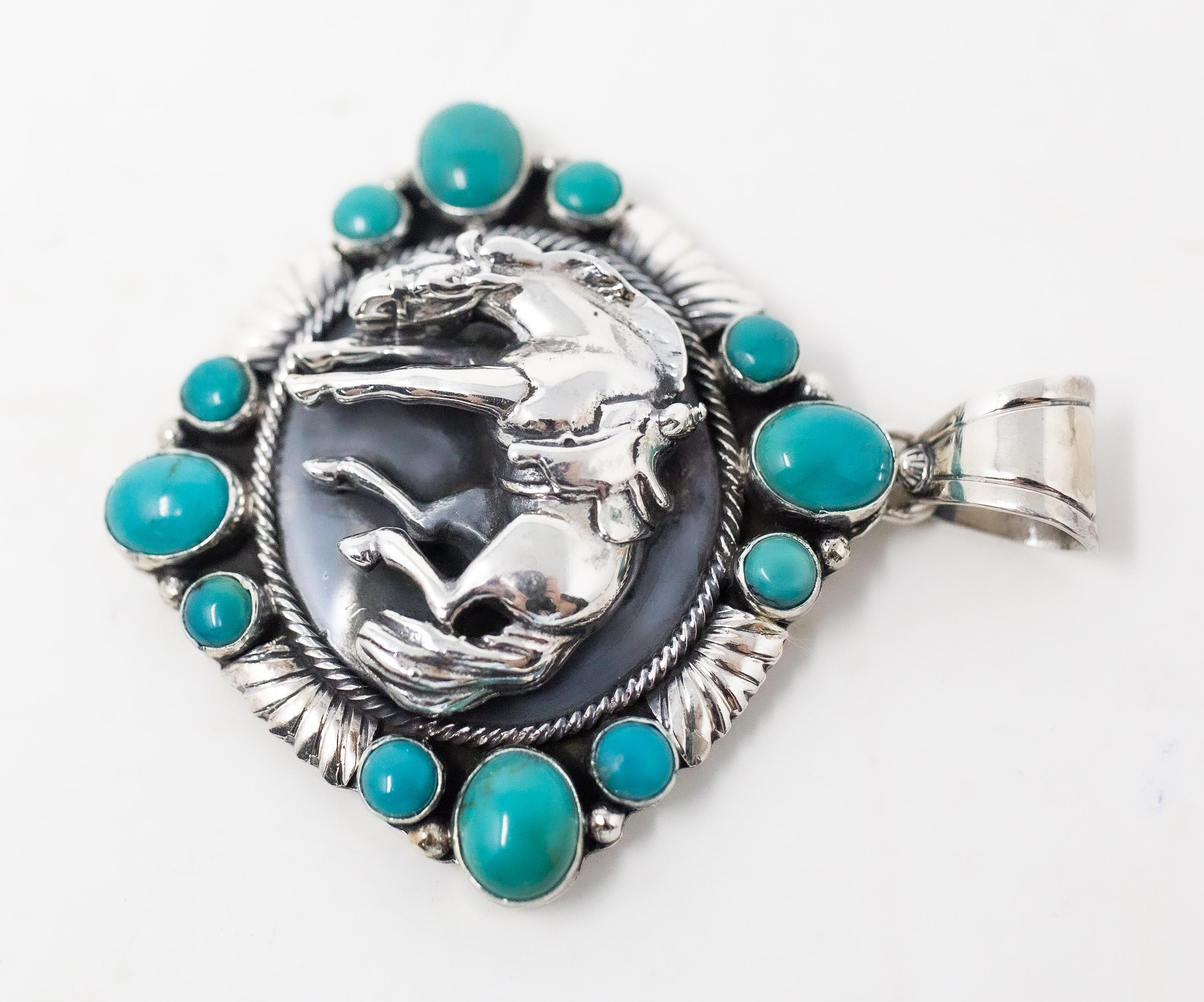 Navajo Sterling Silver Horse Pendant with Turquoise by Emer Thompson For Sale