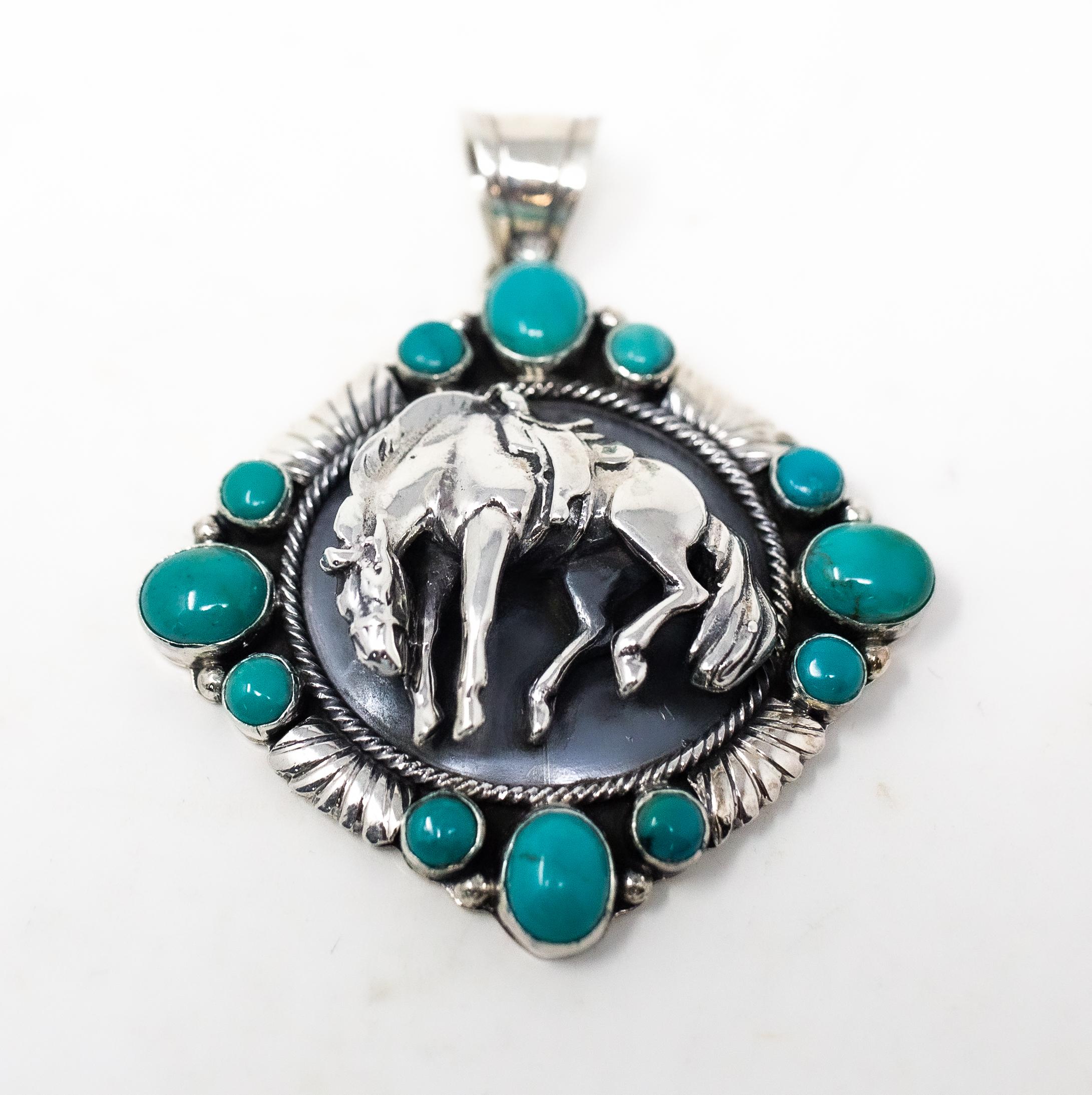 Hand-Crafted Sterling Silver Horse Pendant with Turquoise by Emer Thompson For Sale