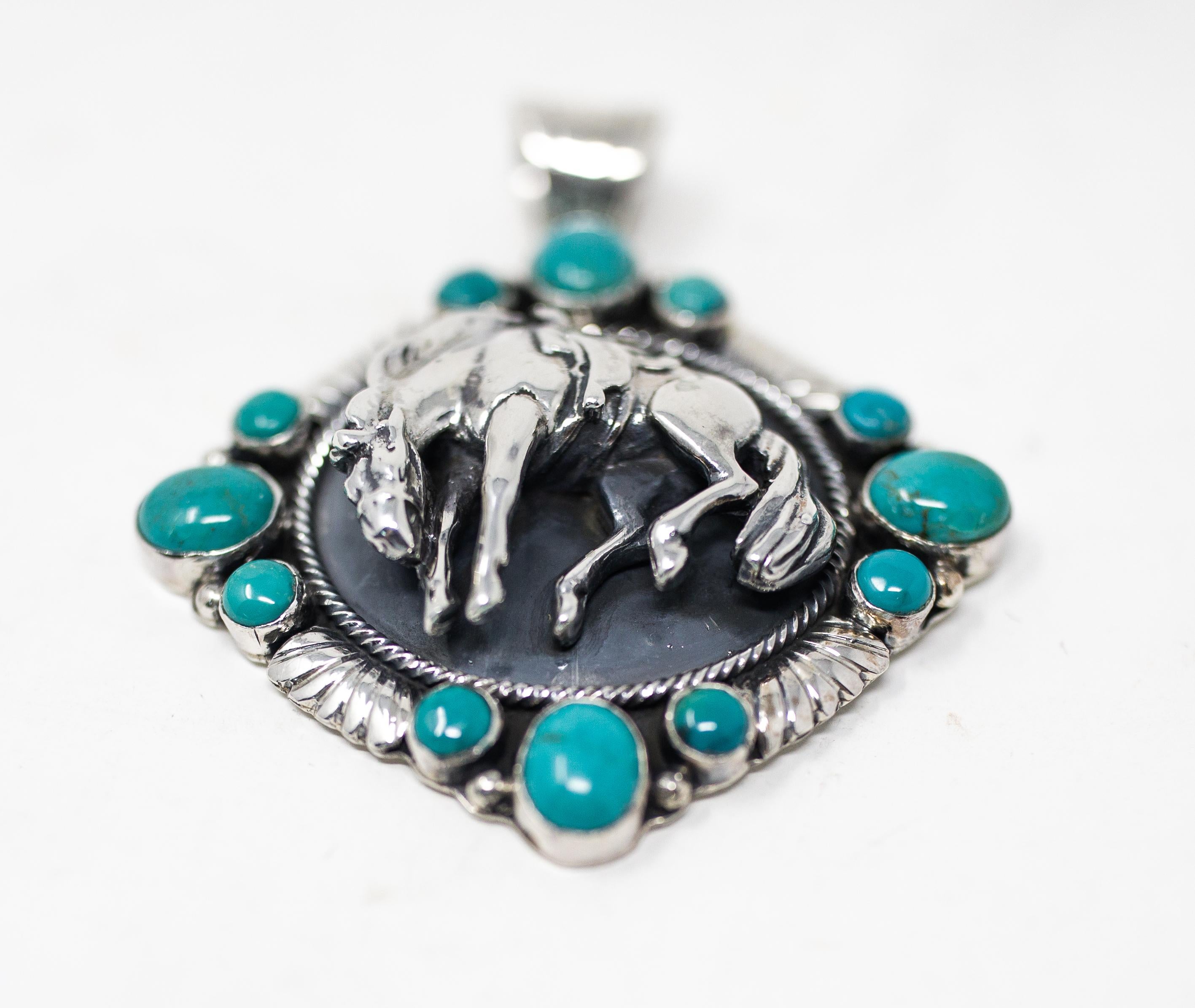Sterling Silver Horse Pendant with Turquoise by Emer Thompson In Good Condition For Sale In Cookeville, TN