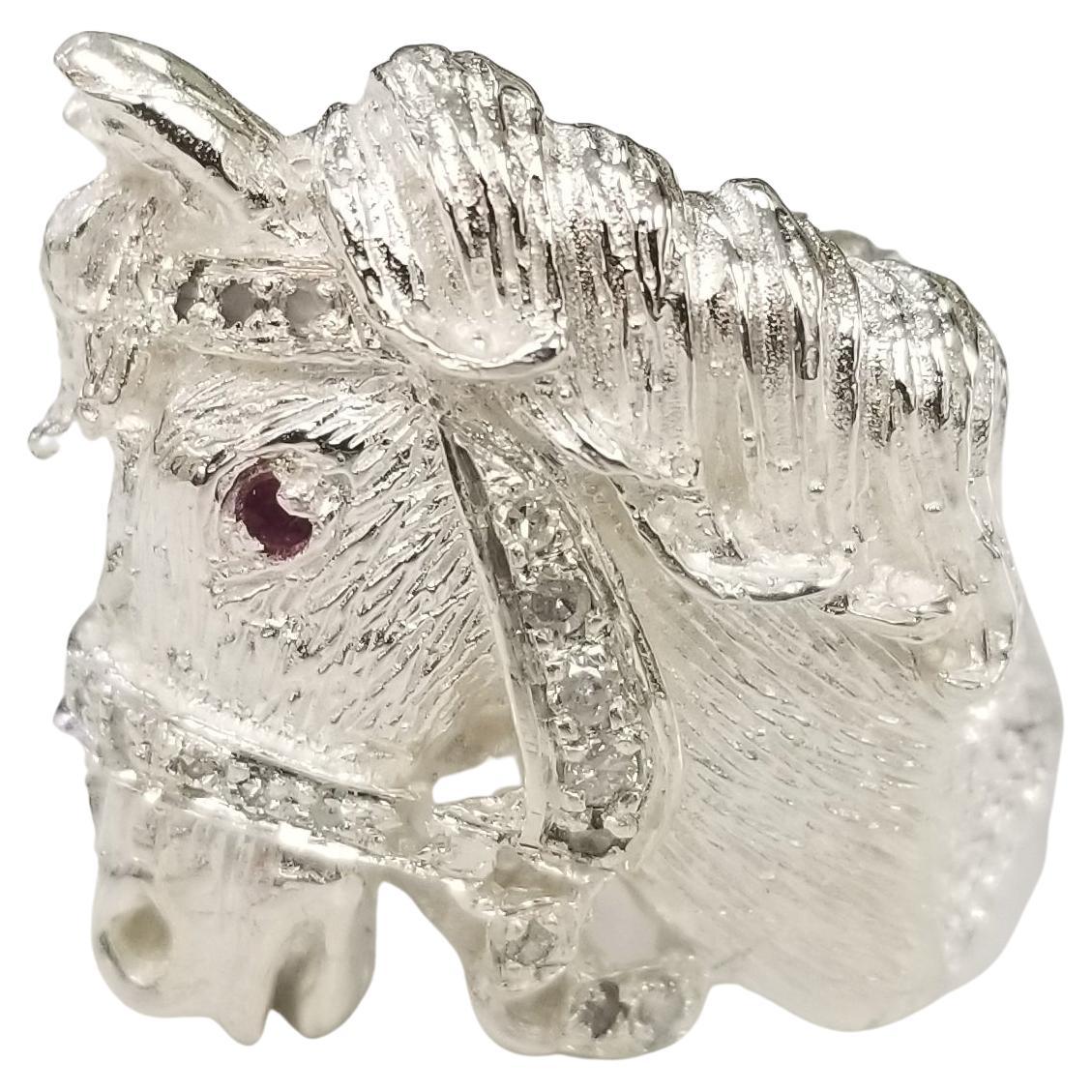 Sterling Silver Horse Ring with a Ruby Eye and Diamonds on the Strap