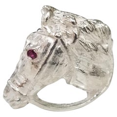 Sterling Silver Horse Ring with a Ruby Eye, Containing 1 Round Ruby Weighing .04