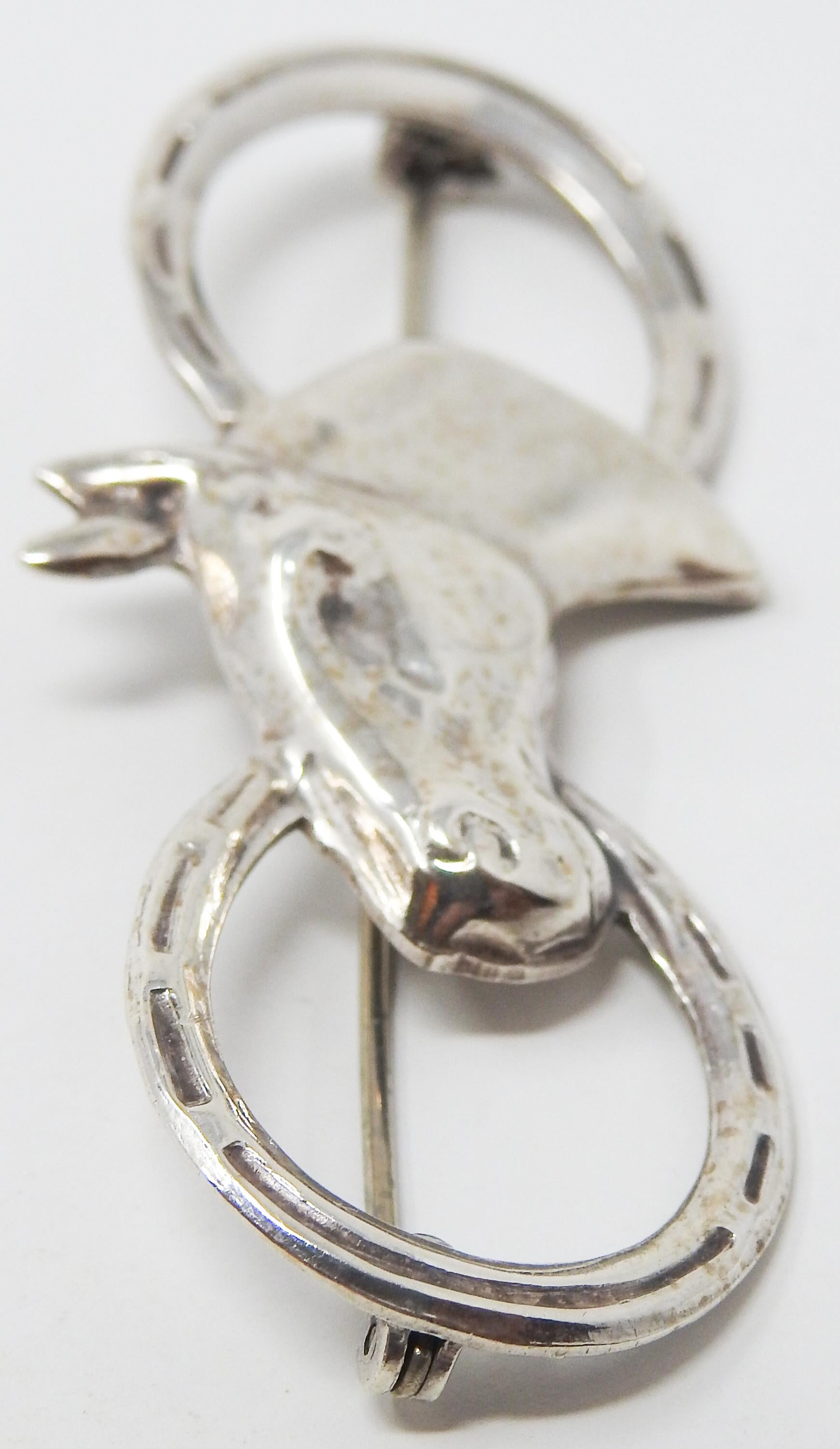 Sterling Silver Horseshoe and Horse Head Brooch For Sale 2