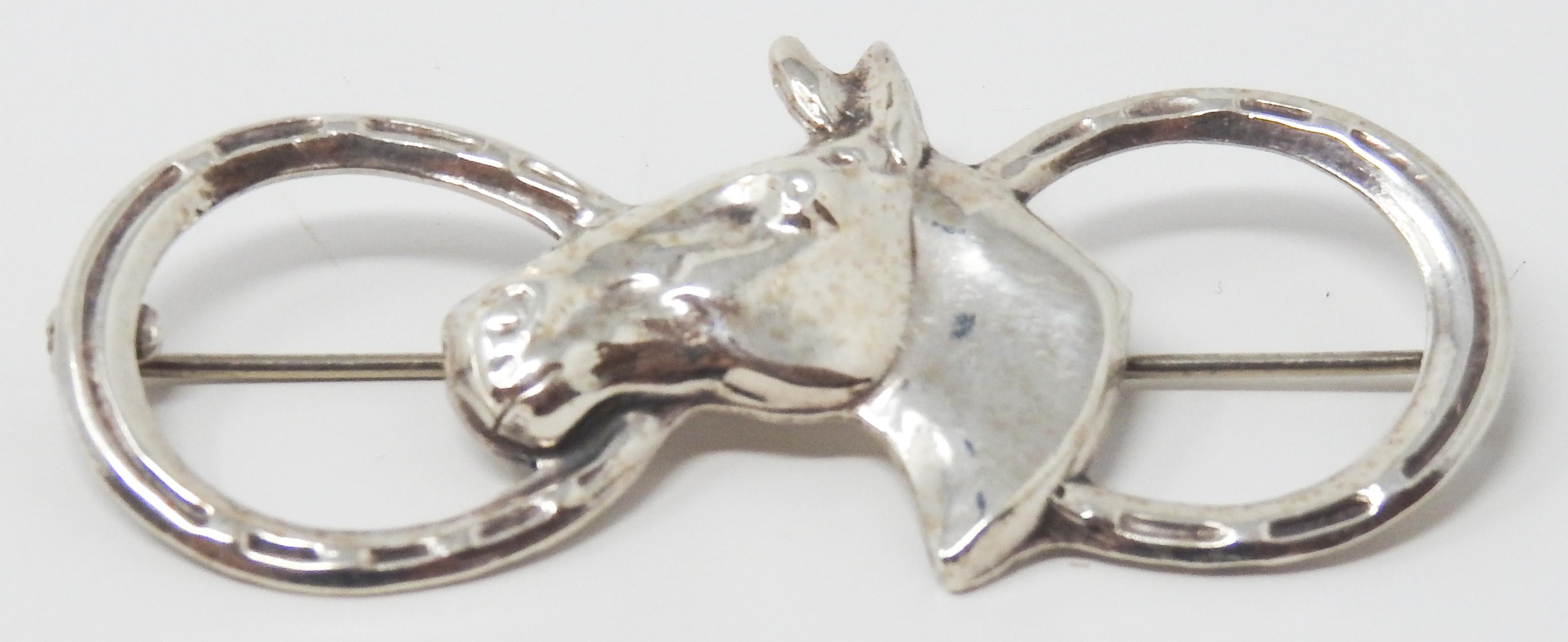 Art Deco Sterling Silver Horseshoe and Horse Head Brooch For Sale