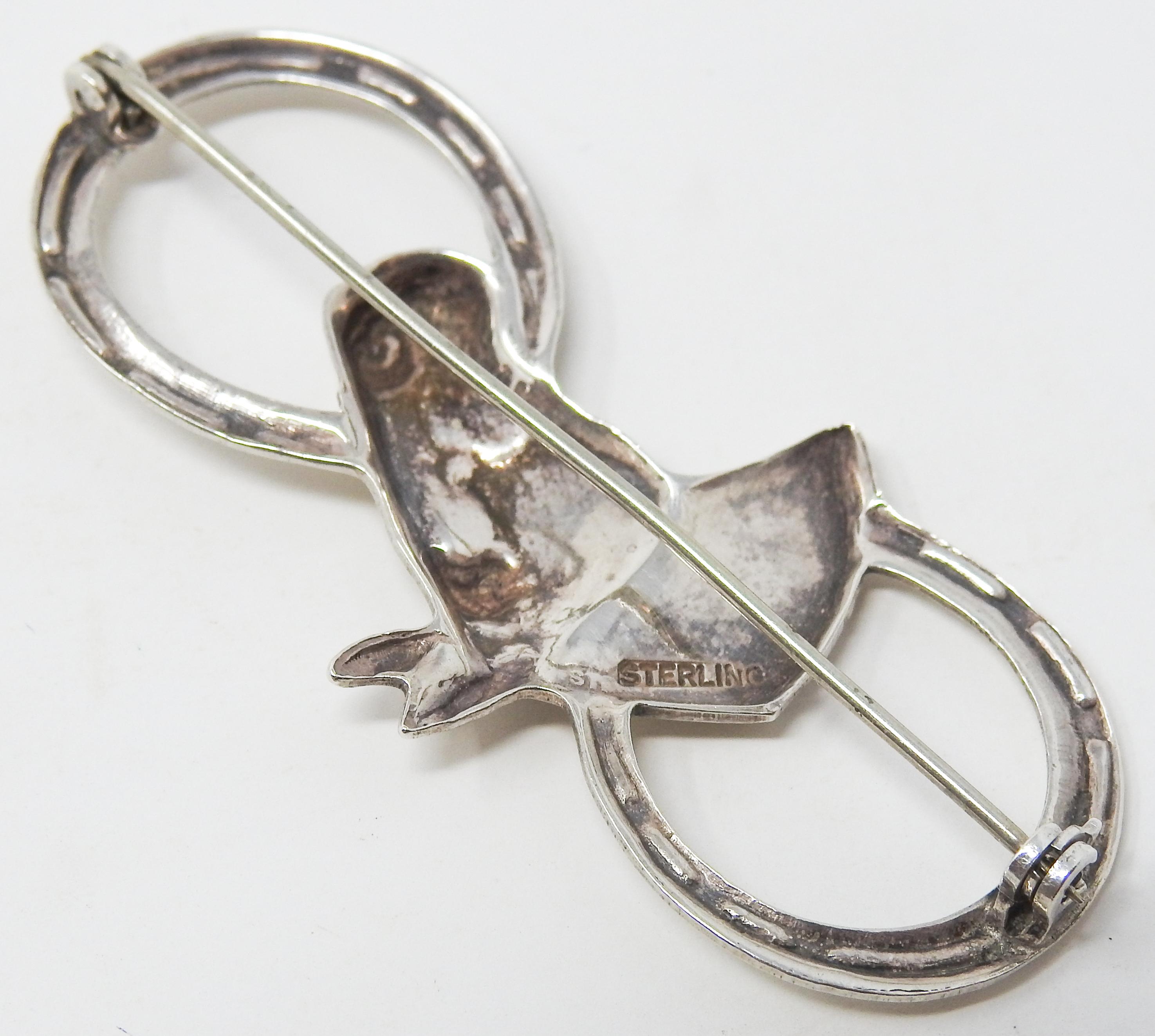 Metalwork Sterling Silver Horseshoe and Horse Head Brooch For Sale