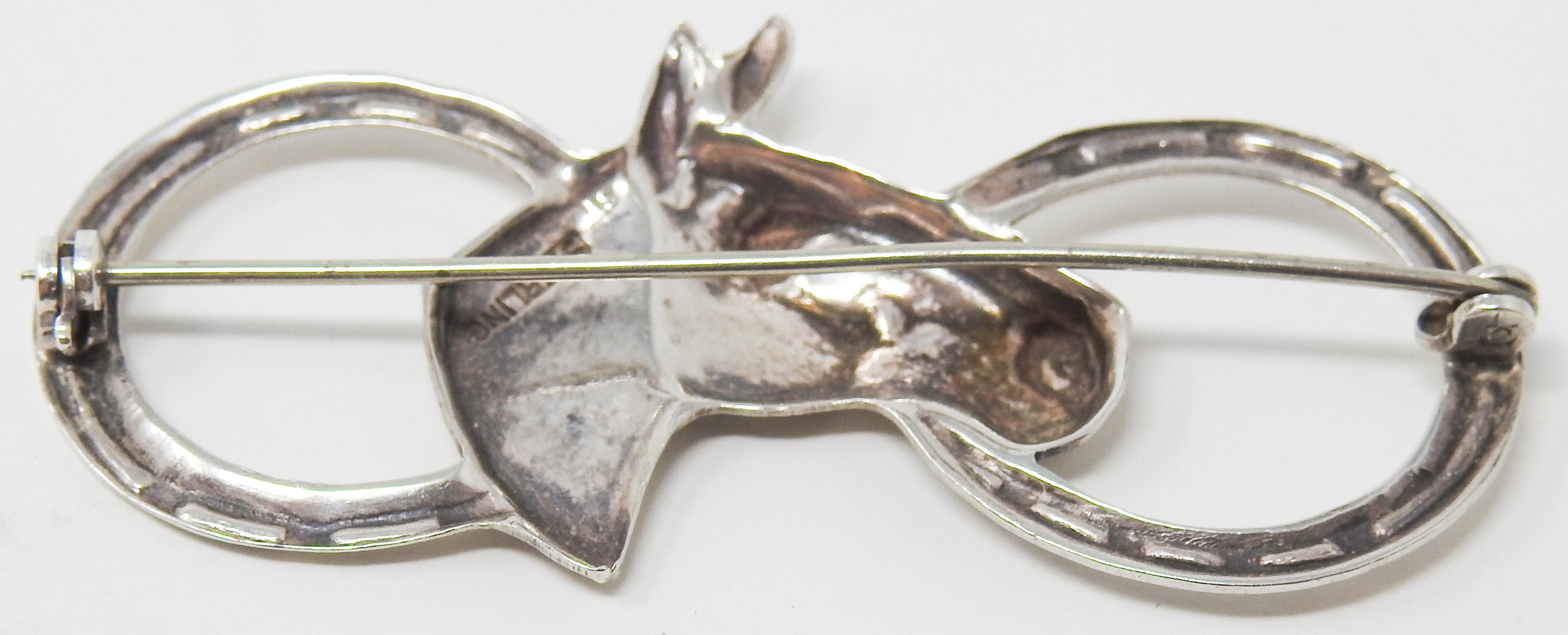 20th Century Sterling Silver Horseshoe and Horse Head Brooch For Sale