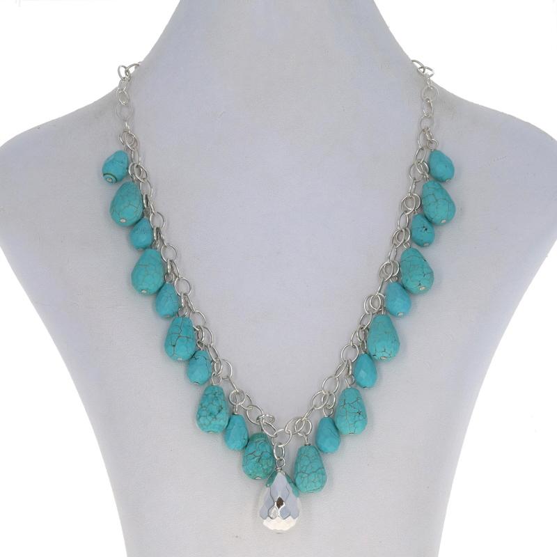 Metal Content: Sterling Silver

Stone Information
Natural Howlite
Treatment: Dyed
Color: Greenish Blue
Stone Note: (simulated turquoise)

Style: Drop Dangle
Chain Style: Cable
Necklace Style: Chain
Fastening Type: Toggle Clasp

Measurements
Length: