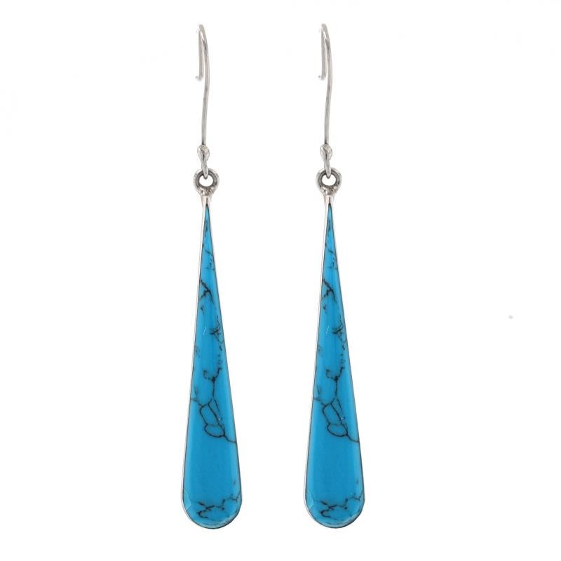 Metal Content: 925 Sterling Silver

Stone Information

Natural Howlite
Treatment: Dyed
Color: Blue

Style: Dangle 
Fastening Type: Fishhook Closures
Theme: Elongated Teardrop

Measurements

Tall: 2 7/16