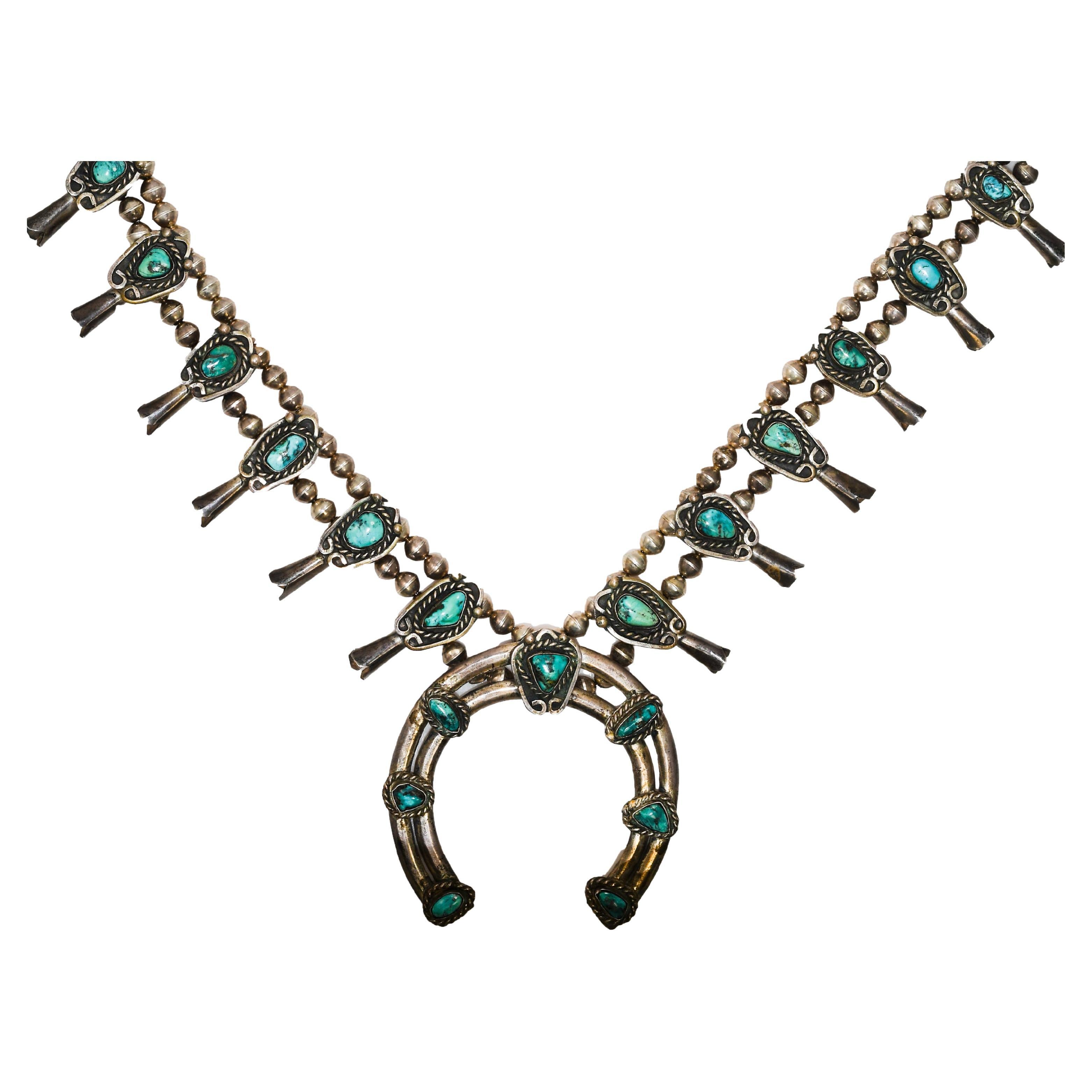 Navajo BIG Squash Blossom Necklace Sterling Silver and Turquoise, - Ruby  Lane