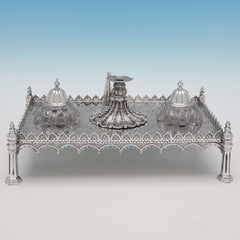 Tintero gótico antiguo de plata de ley de Joseph Angell & Son, Londres, 1893