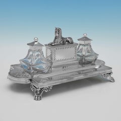 Egyptian Revival Victorian Antique Sterling Silver Ink Stand, Birmingham 1873