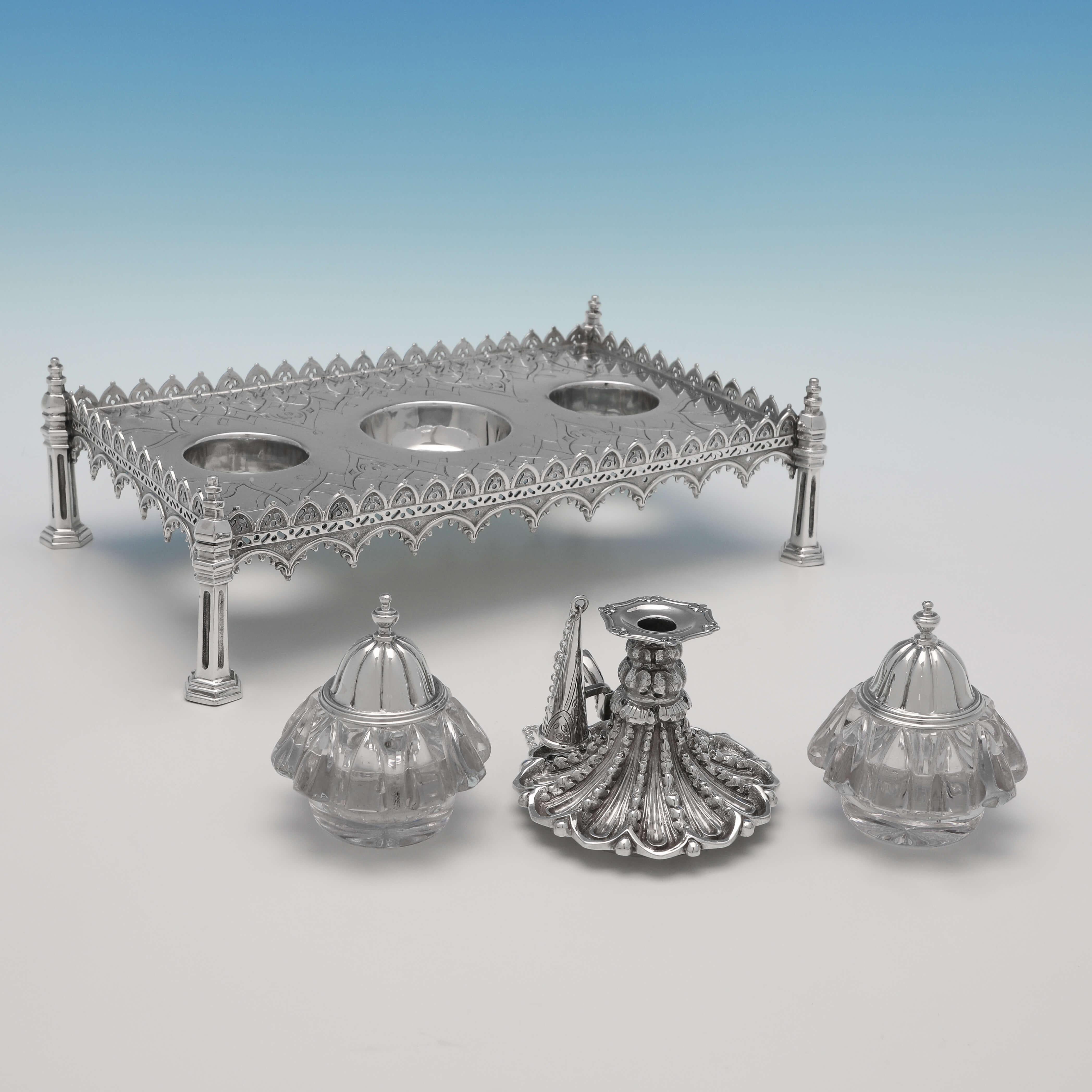 Gothic Revival Gothic Antique Sterling Silver Ink Stand by Joseph Angell & Son, London, 1893